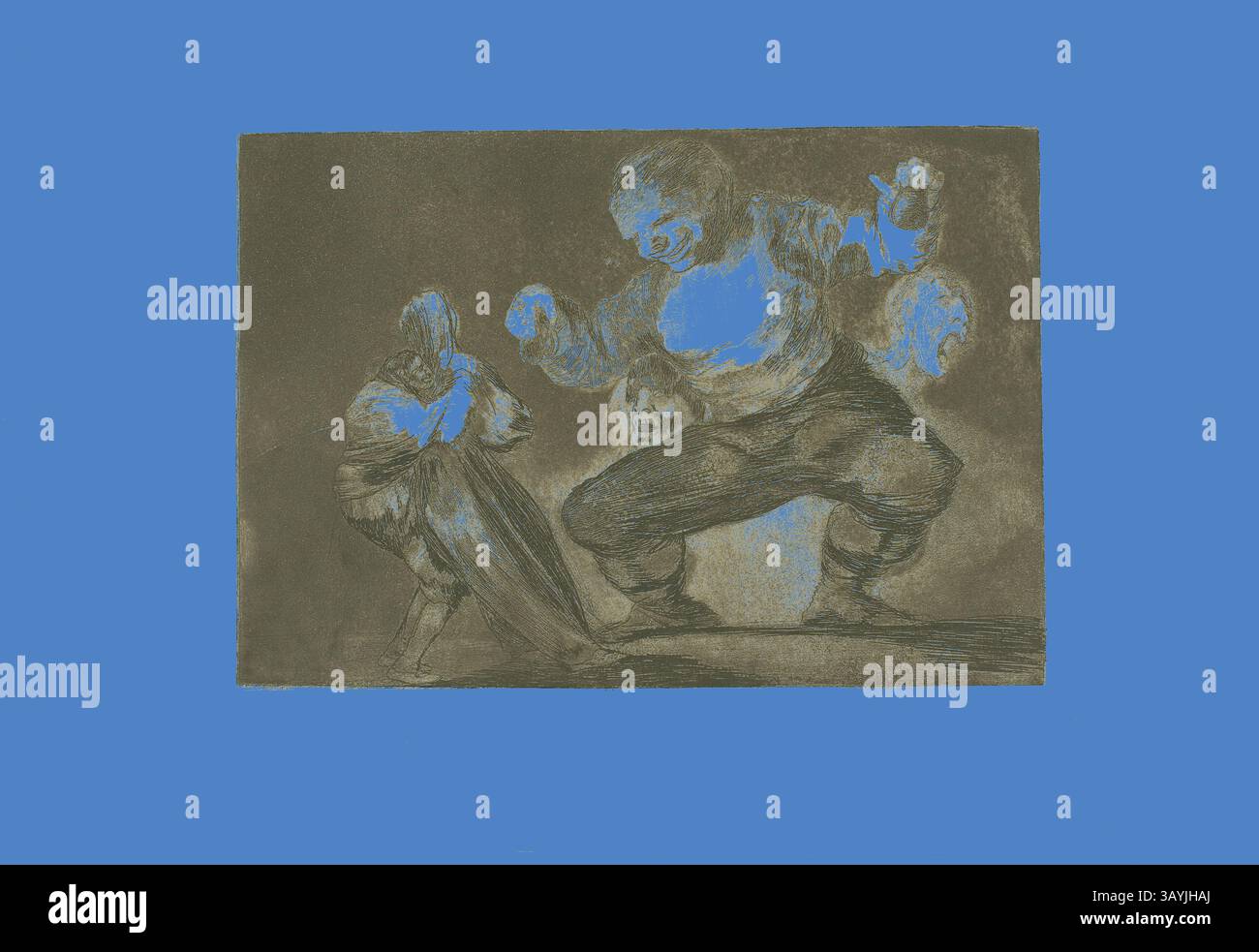 Une scène dramatique représente un grand personnage confronté à une personne plus petite et moche, avec des expressions exagérées capturant la tension et la domination. Les couleurs contrastées accentuent l'intensité émotionnelle du moment. Dancing Giant, From Disparates, publié comme planche 4 dans Los Proverbios, 1816–19, publié 1864, Francisco José de Goya y Lucientes, Espagnol, 1746-1828, Espagne, gravure et aquatinte brunie brun-noir sur papier tissé ivoire, 220 x 319 mm (image), 242 x 352 mm (planche), 332 x 497 mm (feuille) Art classique avec une touche moderne réinventée par Artotop Banque D'Images