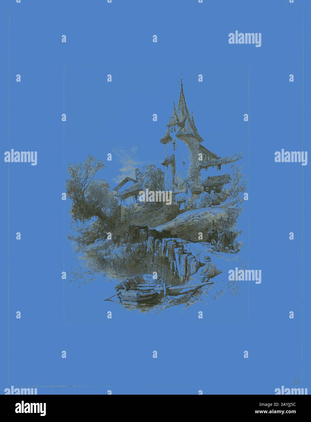 Un paysage serein avec un village pittoresque avec une grande tour ornée. La scène est encadrée par des arbres luxuriants et un plan d'eau calme, où l'on voit des personnages s'approchant d'un petit bateau. L'atmosphère est tranquille, évoquant un sentiment d'intemporalité et de charme rural. Nidan W. Neuchatel, From Selections, 1859, James Duffield Harding, 1798-1863), publié par W. Kent et Co, Angleterre, lithographie sur papier, 381 × 274 mm (support primaire), 560 × 430 mm (support secondaire) Art classique avec une touche moderne réinventée par Artotop Banque D'Images