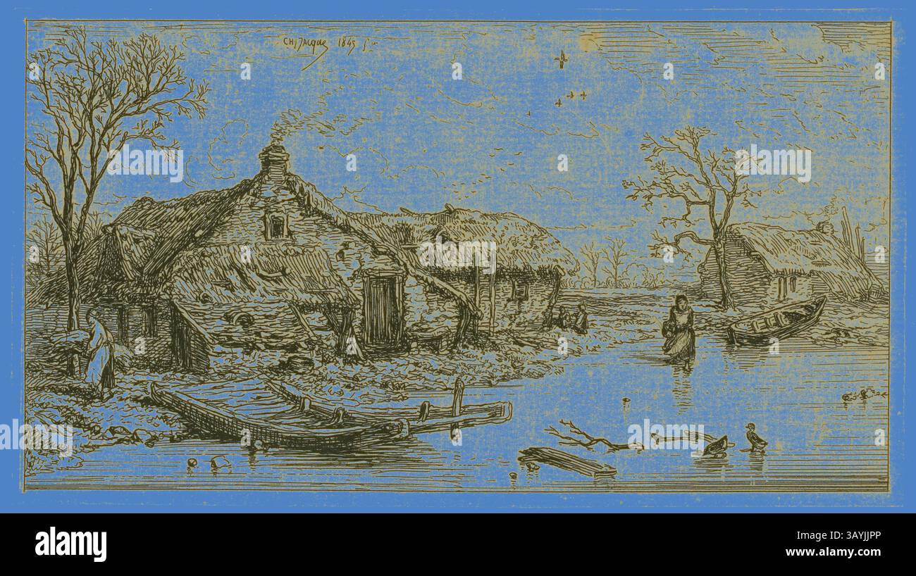 Un paysage serein avec des cottages rustiques au toit de chaume le long d'une voie navigable tranquille, avec une figure debout dans l'eau et des canards nageant à proximité. Des arbres stériles bordent la scène, créant une atmosphère paisible et pastorale. L'étang gelé, 1845, Charles Émile Jacque, français, 1813-1894, France, gravure sur papier crème, 74 × 136 mm (image), 78 × 141 mm (feuille) Art classique avec une touche moderne réinventée par Artotop Banque D'Images
