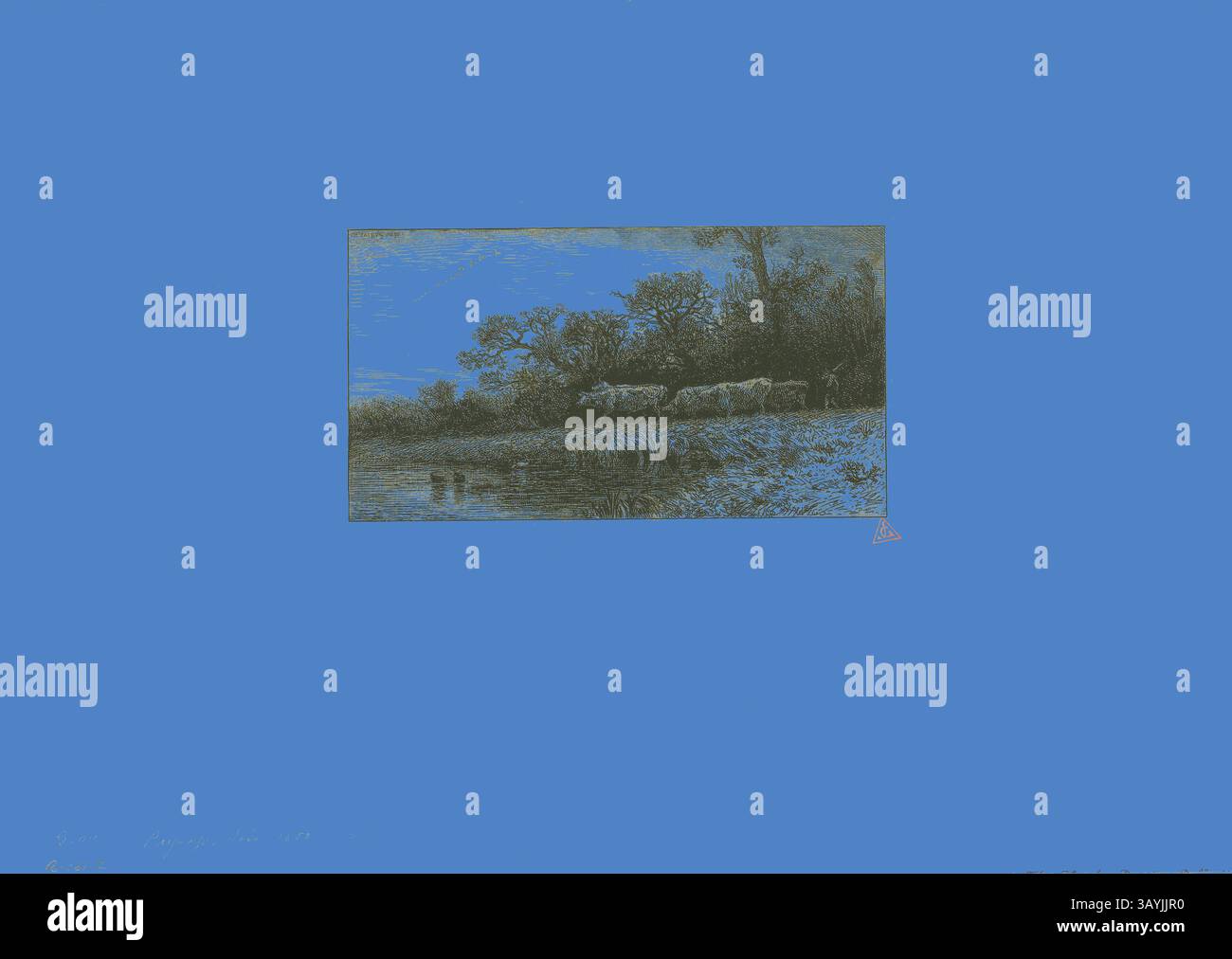 Un paysage serein présente un plan d'eau calme reflétant les arbres et les collines, avec des bovins de pâturage ajoutant une touche de tranquillité rurale à la scène. Le fond bleu vif renforce l'atmosphère paisible, attirant l'attention sur la beauté naturelle entourant l'eau. Paysage du soir, 1850, Charles Émile Jacque, français, 1813-1894, France, gravure et roulette sur papier porcelaine, 100 × 183 mm (image), 109 × 189 mm (chevine), 119 × 200 mm (plaque), 301 × 425 mm (feuille) Art classique avec une touche moderne réinventée par Artotop Banque D'Images