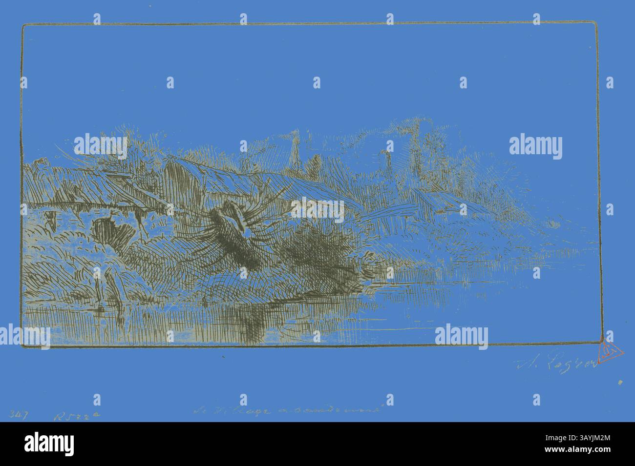 Une scène de village tranquille se reflète sur un plan d'eau calme, entouré d'arbres et de bâtiments rustiques, évoquant un sentiment de sérénité et d'intemporalité. Le village abandonné, c. 1885, Alphonse Legros, français, 1837-1911, France, gravure et point sec sur papier ivoire, 114 × 202 mm (plaque), 147 × 217 mm (feuille) Art classique avec une touche moderne réinventée par Artotop Banque D'Images