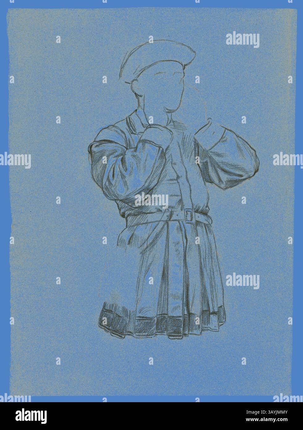 Une figure dans la tenue historique gestes avec soin, portant un chapeau et une tenue traditionnelle qui comprend une veste ajustée et une jupe plissée. La composition générale évoque un sentiment de contemplation et de nostalgie. Unfinished Sketch of Man in Tunique, s.d., Henry Stacy Marks, anglais, 1829-1898, Angleterre, pastel noir, rehaussé de pastel rouge et blanc, sur papier couché bleu, 427 × 312 mm Art classique avec une touche moderne réinventée par Artotop Banque D'Images