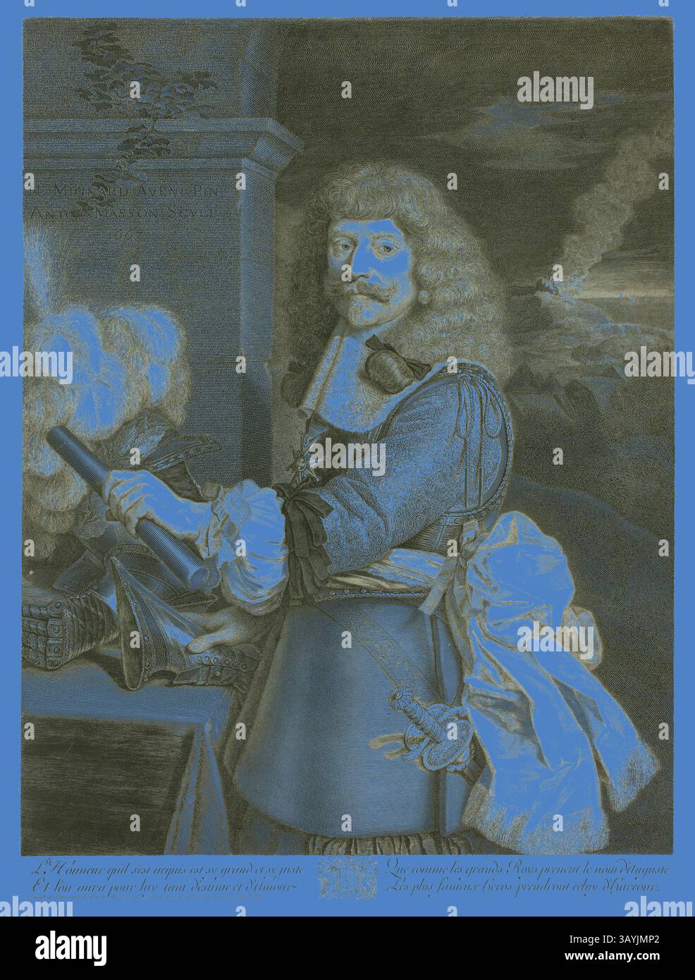Portrait orné du XVIIe siècle d'un gentleman orné d'une tenue somptueuse, tenant une arme de cérémonie. Il se tient confiant à côté d'une grande table au design complexe avec divers objets, dégageant un air de proéminence et de sophistication. L'arrière-plan comporte des éléments détaillés qui mettent en valeur l'art de la période. Portrait de Henri de Lorraine, Comte d’Harcourt, Maître d’équitation de France, 1667, Antoine Masson (français, 1636-1700), d'après Nicolas Mignard (français, 1606-1668), France, gravure en noir sur papier ivoire, 547 × 405 mm (image), 549 × 406 mm (feuille, rognée dans la marque de plaque Banque D'Images