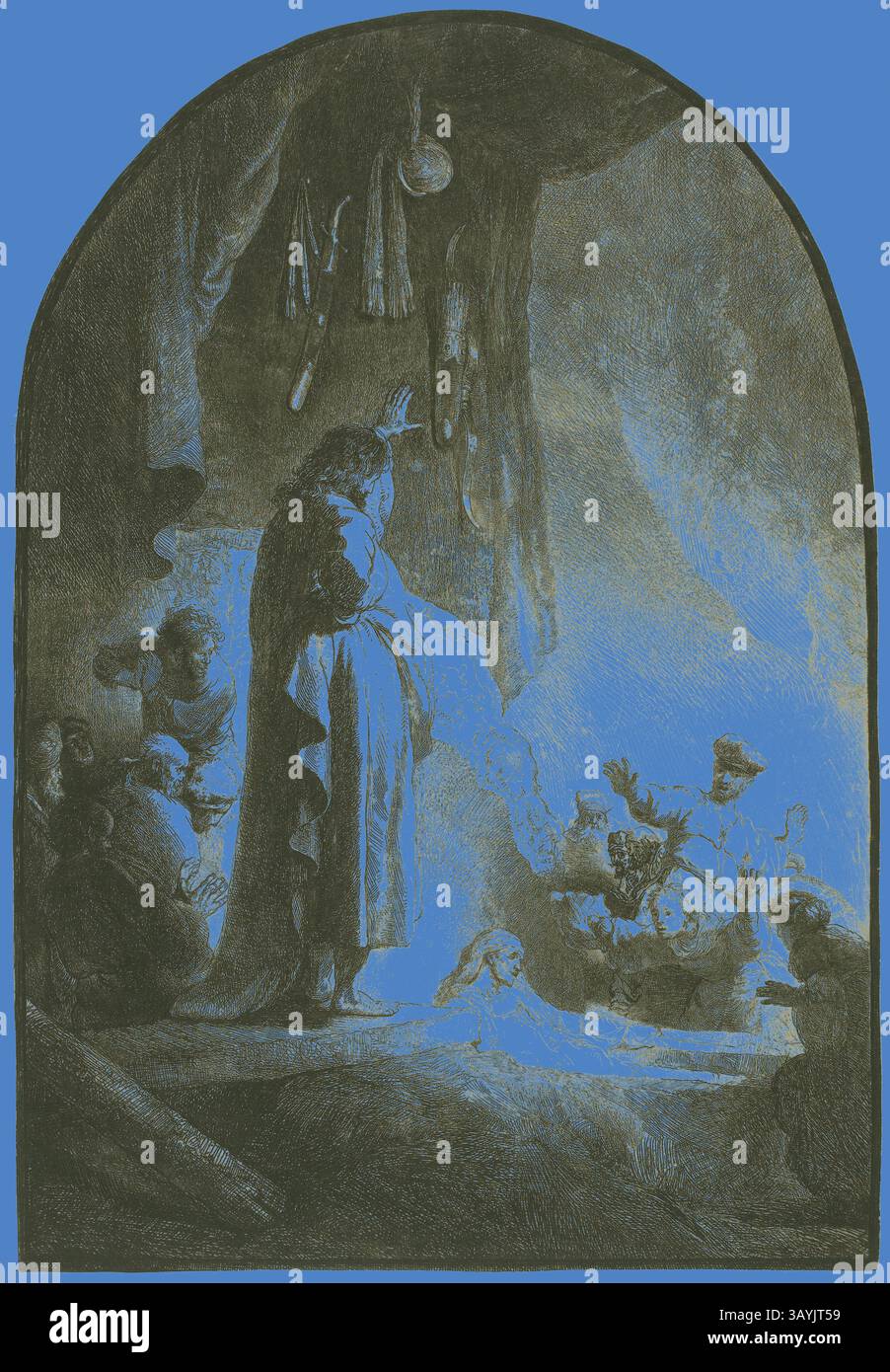 Un personnage mystérieux jeté dans l'ombre évoque un sort, entouré de curieux spectateurs dans un cadre faiblement éclairé. L'équipement alchimique et les éléments magiques flottent dans l'air, laissant entendre les travaux arcanes qui se déroulent. L'atmosphère est chargée d'un air d'émerveillement et d'intrigue. The Raising of Lazare : the Greater plate, v. 1632, Rembrandt van Rijn, néerlandais, 1606-1669, Hollande, gravure sur papier, 343 x 235 mm (feuille rognée dans la marque de plaque) Art classique avec une touche moderne réinventée par Artotop Banque D'Images