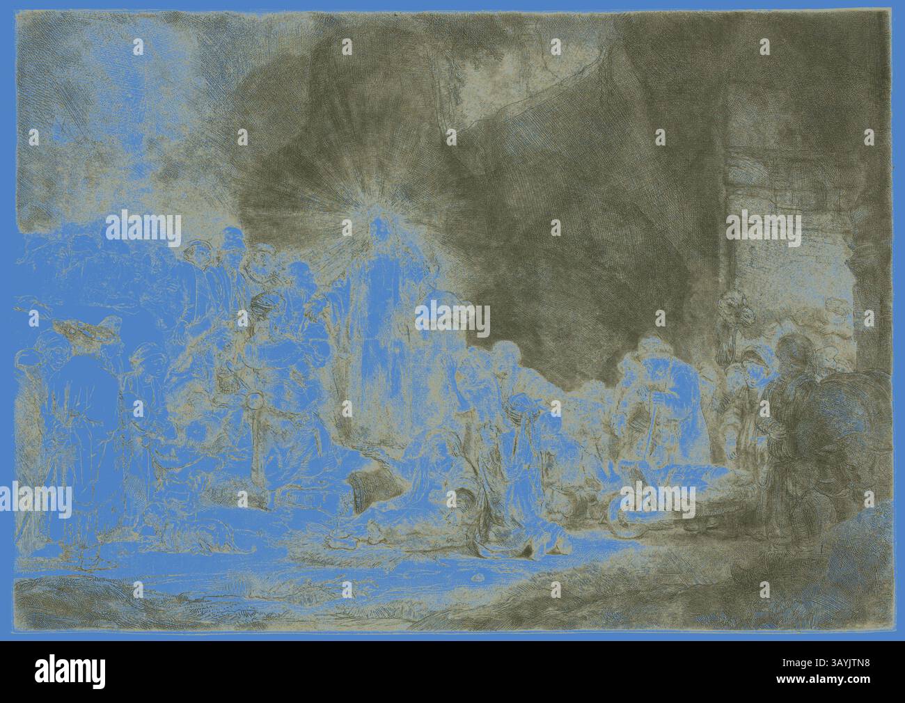 Une scène dramatique représente un groupe de personnages dans un cadre faiblement éclairé, avec une figure centrale rayonnant de la lumière, attirant l'attention au milieu d'un rassemblement d'individus divers. La composition transmet un sentiment de vénération et d'admiration, mettant en évidence l'émotion humaine et la connexion dans un moment d'importance. The Hundred Guilder Print, v. 1648, Rembrandt van Rijn, néerlandais, 1606-1669, Hollande, gravure et point sec sur papier posé blanc cassé, 278 x 395 mm (feuille rognée à la plaque) Art classique avec une touche moderne réinventée par Artotop Banque D'Images