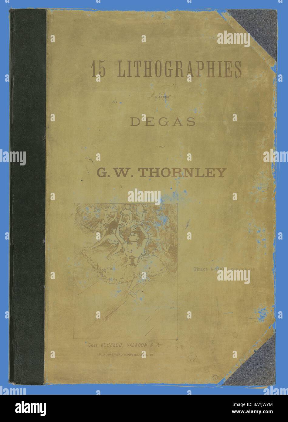 Une couverture vintage portant le titre '15 lithographies Degas' de G.W. Thornley, ornée d'une illustration délicate et de détails distinctifs dans les coins. Thornley Portfolio Cover, 1889-90, Georges-William Thornley (français, 1857-1935), d'après Edgar Degas (français, 1834-1917), imprimé par Atelier Becquet (français, XIXe siècle), édité par Boussod, Valadon, & Company (français, 18ème-19ème siècle), France, Portfolio Cover Art classique avec une touche moderne réinventée par Artotop Banque D'Images