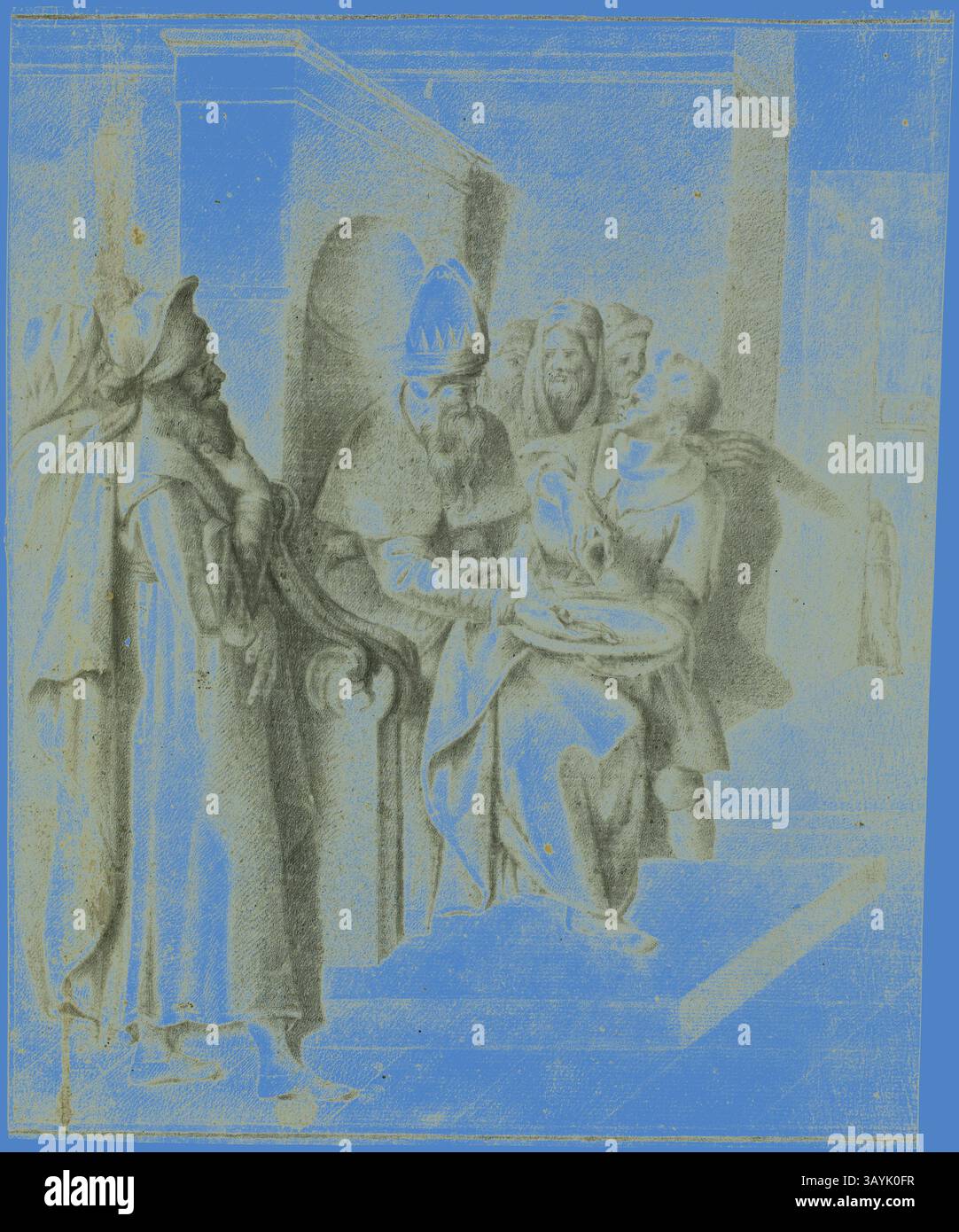 Scène historique représentant un groupe d'individus engagés dans une conversation, avec une personne assise et d'autres debout, suggérant un moment de discussion ou de prise de décision. La composition transmet un sens de formalité et de signification, avec des vêtements et des expressions détaillés reflétant le contexte de la réunion. Pilate se lavant les mains, le Christ étant conduit loin : partie gauche, s.d., Giovanni da Bologna, après, italien, 1529-1608, Italie, craie noire sur papier couché bleu, 454 x 377 mm Art classique avec une touche moderne réinventée par Artotop Banque D'Images