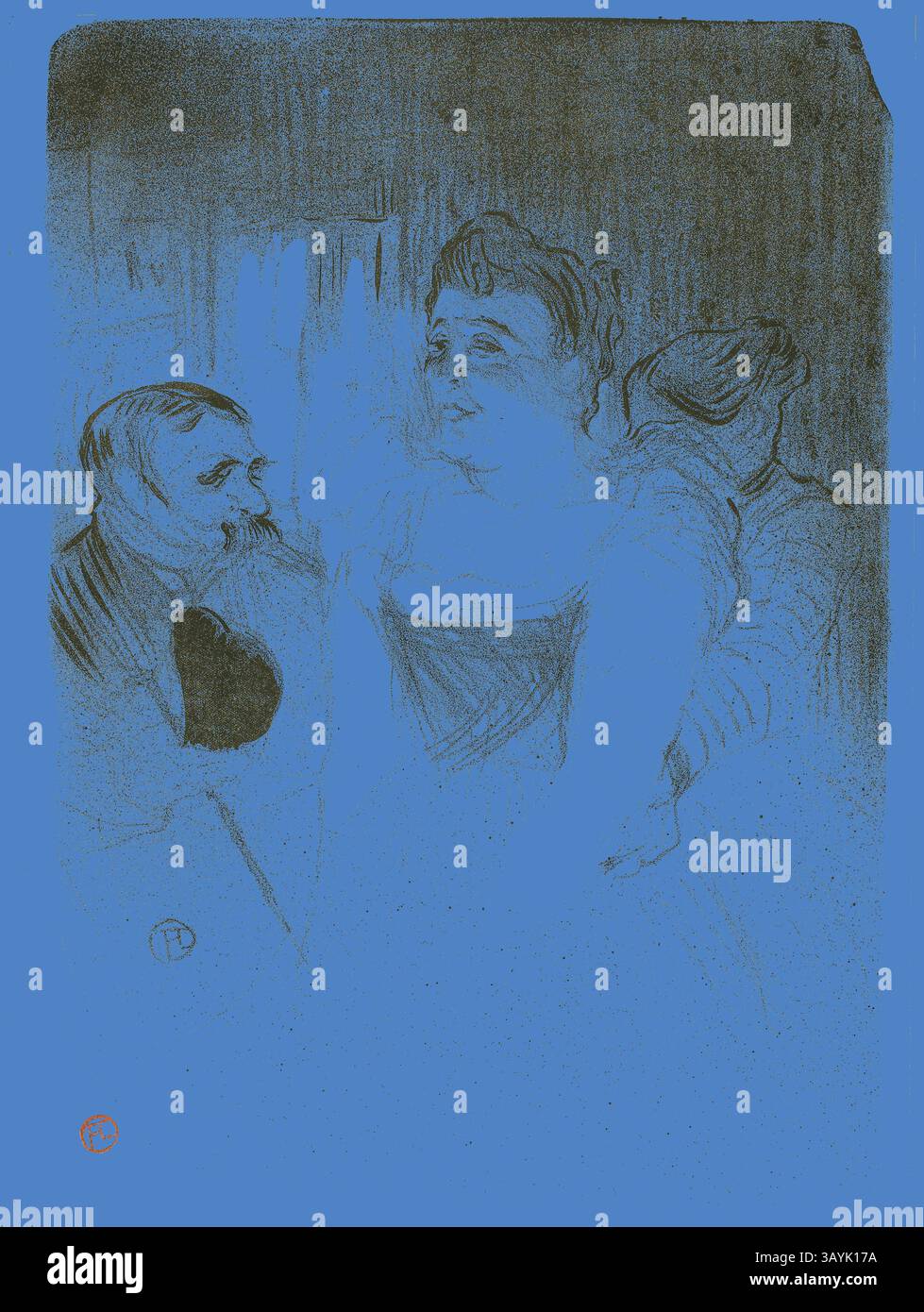 Une scène dramatique mettant en scène une femme dans une robe légère, avec deux figures de chaque côté, créant une intensité émotionnelle. Les expressions et les postures suggèrent un moment de tension ou de contemplation, évoquant un sens de narration et de connexion entre les personnages. Judic, 1894, Henri de Toulouse-Lautrec, français, 1864-1901, France, lithographie sur papier tissé crème, 371 × 266 mm (image), 372 × 281 mm (feuille) Art classique avec une touche moderne réinventé par Artotop Banque D'Images