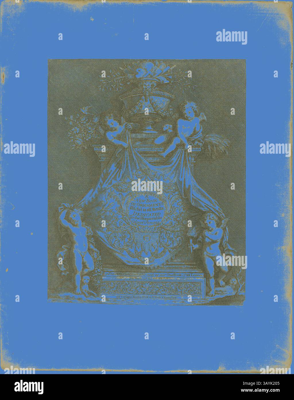 Un design orné avec des chérubins, des motifs floraux et une draperie décorative, le tout encadré par une structure architecturale élaborée. Les détails complexes et la composition élégante suggèrent un thème classique, mettant l'accent sur l'art et la grandeur. Planche un, tiré d'Un nouveau livre d'ornements, 1704, Simon Gribelin II, français, 1661-1733, France, gravure sur papier ivoire, 196 × 161 mm (image/plaque), 195 × 233 mm (feuille) Art classique avec une touche moderne réinventée par Artotop Banque D'Images