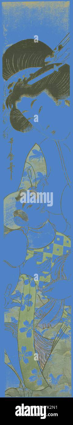 Une représentation traditionnelle d'une femme dans un kimono vibrant, berçant doucement un lapin ludique. Les motifs fluides du vêtement contrastent avec un fond bleu saisissant, soulignant l'élégance de la figure et la nature fantaisiste de la scène. Mère Nursing Child, c. 1806/31, Kitagawa Utamaro II, japonaise, décédée en 1831 ( ?), Japon, imprimé bois couleur, hashira-e Art classique avec une touche moderne réinventée par Artotop Banque D'Images