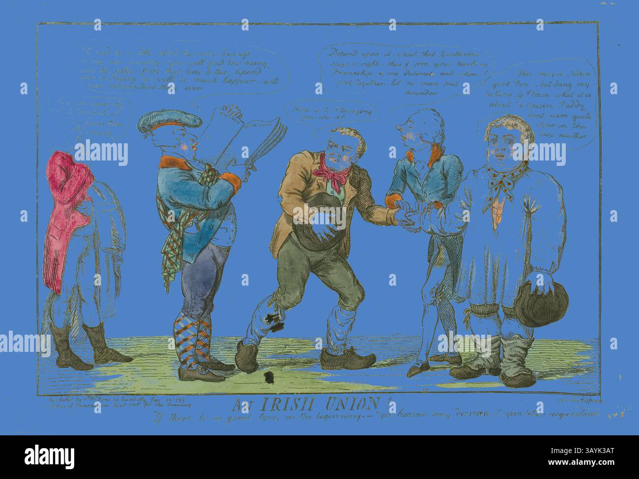 Une scène satirique représentant quatre personnalités engagées dans un dialogue sur une « Union irlandaise », mettant en évidence diverses attitudes et expressions à l'égard de la situation politique de l'époque. Les personnages sont habillés de vêtements d'époque, mettant l'accent sur la dynamique sociale et les problèmes en jeu en Irlande. Le texte ci-dessous évoque les complexités du sentiment syndical, reflétant les tensions entre les différentes perspectives. An Irish Union !, publié le 30 janvier 1799, Isaac Cruikshank (anglais, 1764-1811), publié par S.W. Fores (anglais, 1761-1838), Angleterre, gravure colorée à la main sur papier, 223 × 336 mm (image), 255 Banque D'Images