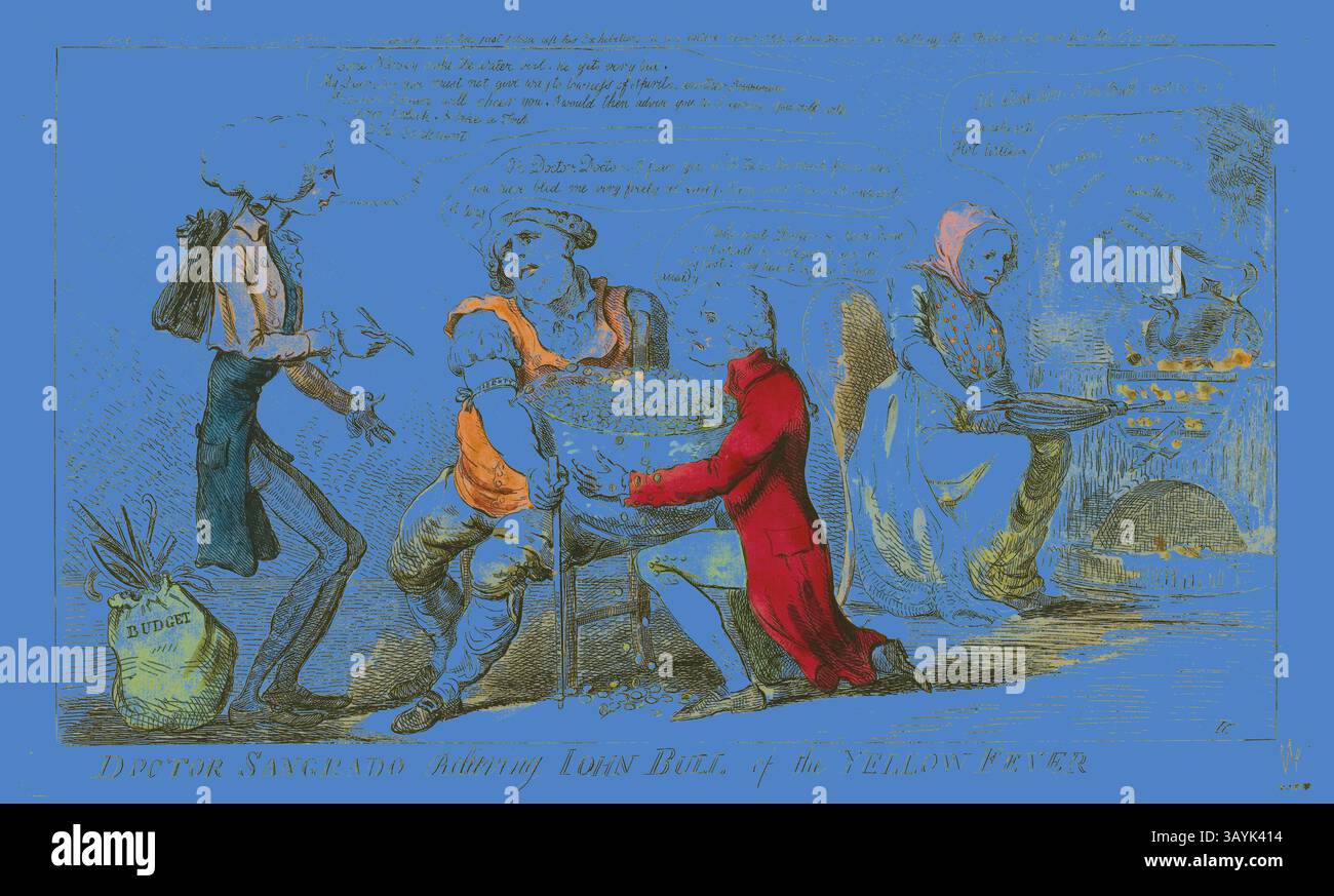 Une représentation satirique d'une pratique médicale historique, mettant en scène un médecin préparant une concoction particulière, tandis qu'un patient regarde avec scepticisme. Autour d'eux se trouvent diverses figures en tenue vestimentaire du début du XIXe siècle, soulignant l'absurdité de la situation. La scène est enrichie de textes humoristiques et d'annotations relatives au traitement de la fièvre jaune. Dr Sangrado soulageant John Bull de la fièvre jaune, publié le 25 février 1795, Isaac Cruikshank (anglais, 1764-1811), publié par S.W. Fores (anglais, 1761-1838), Angleterre, gravure colorée à la main sur papier, 216 × 378 mm (image), 245 × 410 mm Banque D'Images