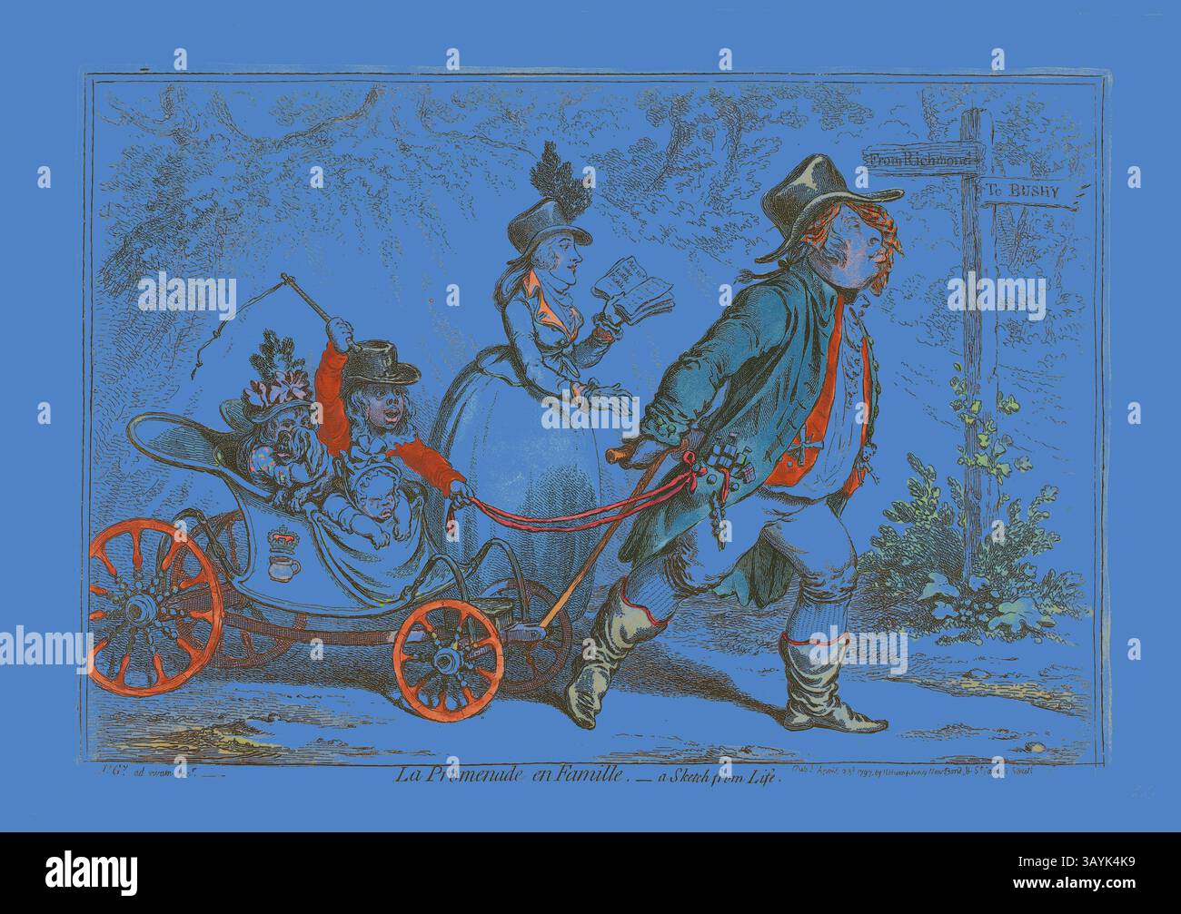 Une scène fantaisiste mettant en scène une famille dehors pour une promenade, avec un homme bien habillé menant une charrette tirée par des chevaux. À l'intérieur du chariot, les enfants s'engagent de manière ludique tandis qu'une femme marche à côté d'eux, tenant un livre et portant un chapeau élégant. L'arrière-plan vibrant améliore la nature ludique de la sortie. La Promenade en famille- Un croquis de la vie, publié le 23 avril 1797, James Gillray (anglais, 1756-1815), publié par Hannah Humphrey (anglais, c. 1745-1818), Angleterre, gravure colorée à la main sur papier, 240 × 360 mm (image), 255 × 365 mm (plaque), 285 × 405 mm (feuille) Art classique avec une touche moderne Banque D'Images