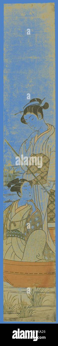 Deux femmes élégamment habillées se tiennent à côté d'un plan d'eau, entourées d'une végétation luxuriante. Une femme est ornée d'un motif kimono vibrant tandis que l'autre tient un panier, suggérant un moment d'activité partagée ou de compagnie. L'arrière-plan présente une eau calme et des notes d'arbres lointains, créant une atmosphère sereine. Jeune couple dans un bateau, c. 1770/75, Uchimasa, japonais, actif 1760s-1770s, Japon, impression sur bois couleur, hashira-e, 28 x 5/8 po. Art classique avec une touche moderne réinventé par Artotop Banque D'Images