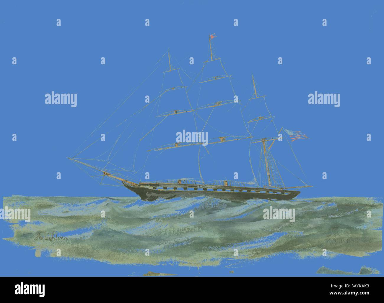 Un grand voilier avec plusieurs mâts navigue gracieusement dans des eaux bleues vibrantes, les vagues se balançant doucement contre sa coque. Le navire affiche ses voiles bondissant dans le vent et arbore fièrement un pavillon américain. The Boston Clipper, Lightning, 1854, P. Giles, américain, 19ème siècle, États-Unis, aquarelle sur papier, 256 x 356 mm Art classique avec une touche moderne réinventée par Artotop Banque D'Images