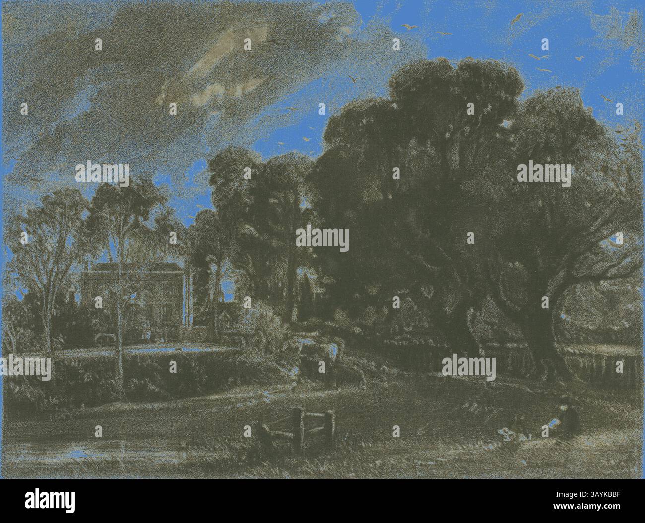 Un paysage tranquille avec un plan d'eau serein entouré d'arbres luxuriants, avec un modeste bâtiment jetant un coup d'œil à travers le feuillage sous un ciel spectaculaire. La scène capture un sentiment de calme et de beauté naturelle. Frontispice, To Mr. Constable’s English Landscape, East Bergholt, Suffolk, 1830, David Lucas (anglais, 1802-1881), d'après John Constable (anglais, 1776-1837), Angleterre, Mezzotint sur papier, 139 × 180 mm (image), 235 × 242 mm (planche), 293 × 431 mm (feuille) Art classique avec une touche moderne réinventée par Artotop Banque D'Images