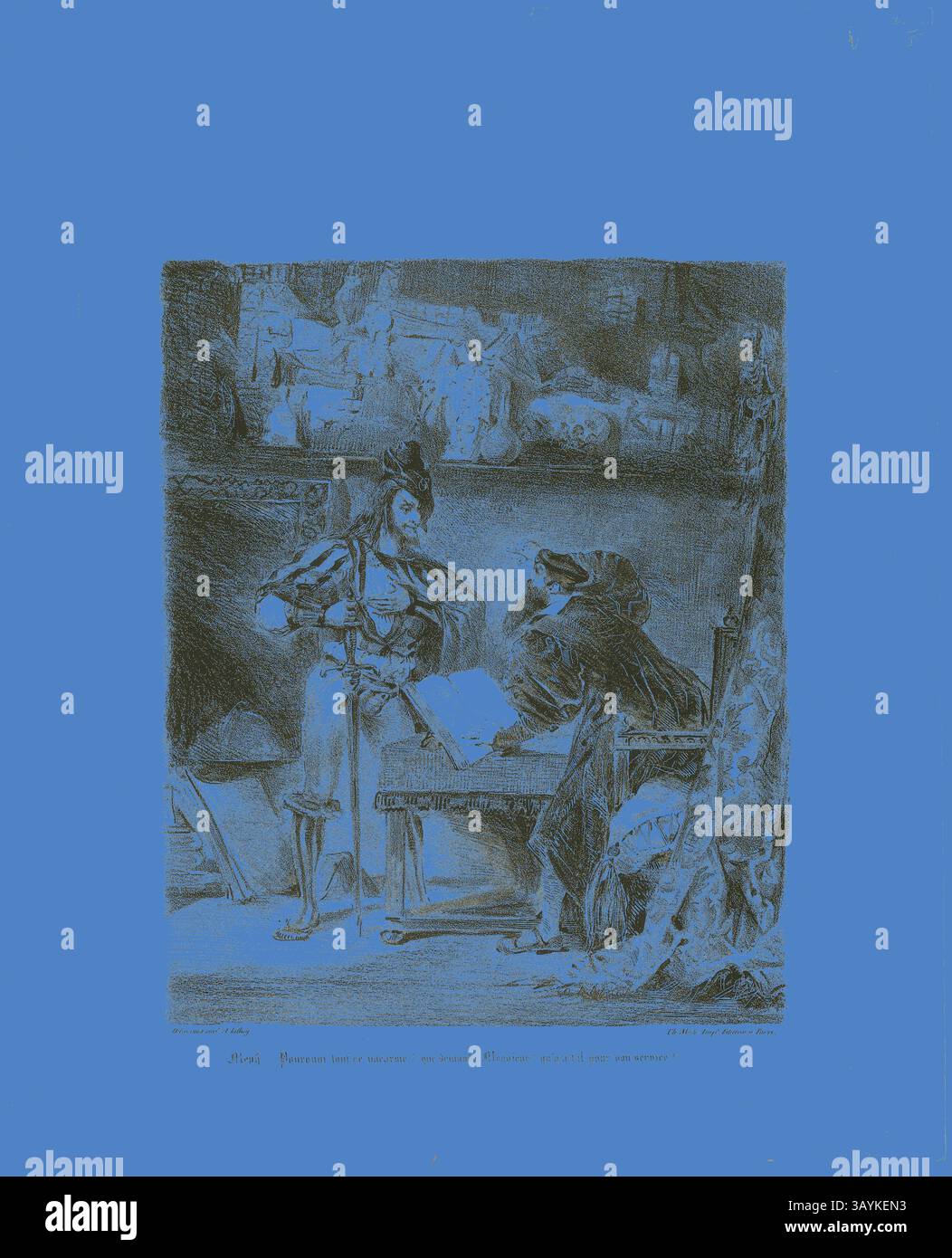 Un soldat se tient confiant, tenant une épée et regardant attentivement une figure assise, qui semble être profondément dans la pensée tout en examinant un livre. L'arrière-plan est rempli de divers objets, ajoutant un sentiment d'intrigue à la scène. Mephistophélès apparaissant à Faust, 1828, Eugène Delacroix, français, 1798-1863, France, lithographie en noir sur papier tissé ivoire, 258 × 210 mm (image), 390 × 316 mm (feuille) Art classique avec une touche moderne réinventé par Artotop Banque D'Images