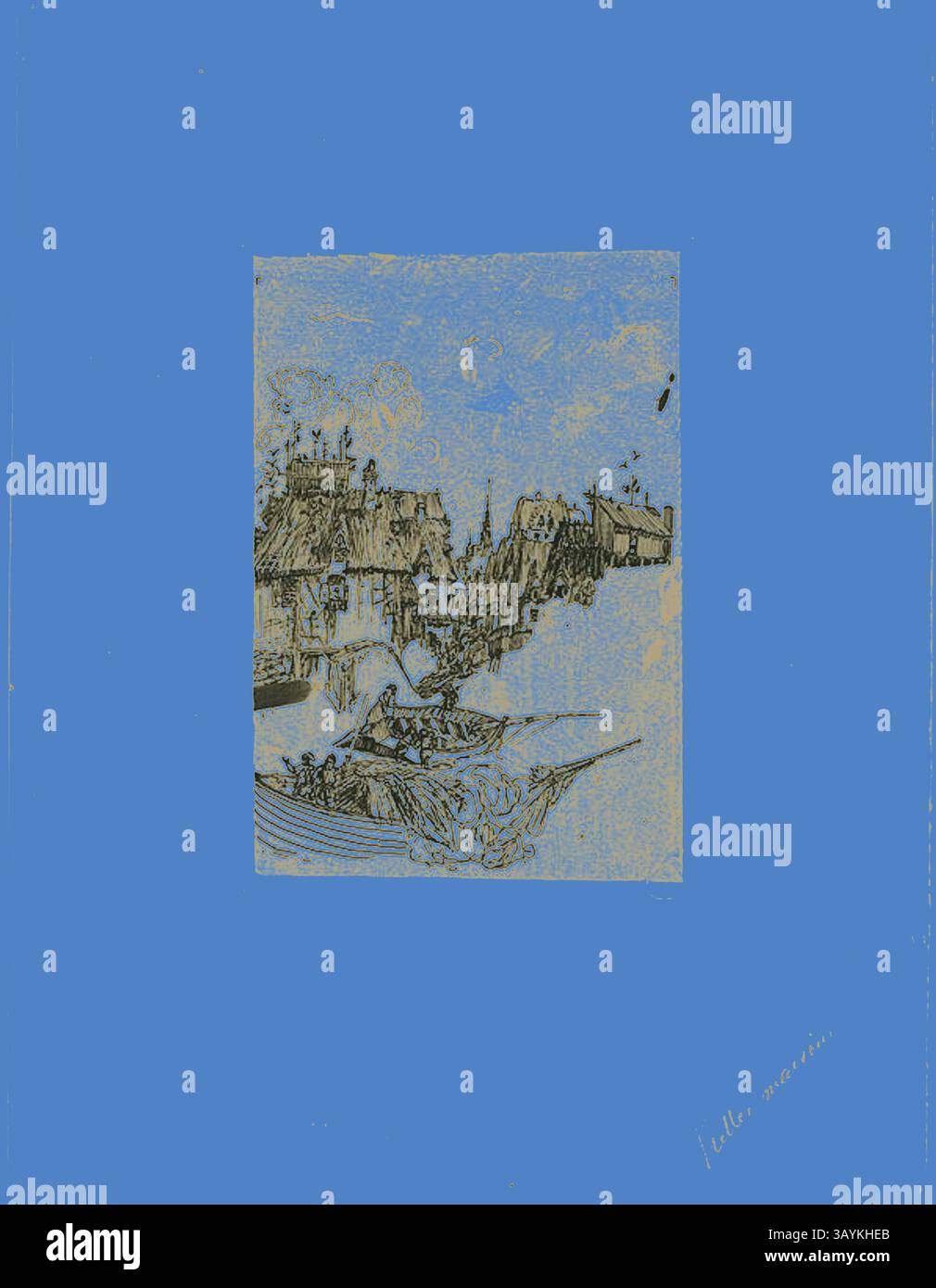 Une scène sereine au bord de la rivière avec des maisons pittoresques bordant la rive, avec un bateau glissant doucement le long de l'eau au premier plan. Le cadre évoque un sentiment de calme et de nostalgie, avec des détails subtils de la nature encadrant le paysage pittoresque. Maisons anciennes et bateaux de pêche, s.d., Rodolphe Bresdin, français, 1825-1885, France, stylo et encre noire, sur papier calque tan, posé sur papier Wove buff, 172 × 116 mm Art classique avec une touche moderne réinventée par Artotop Banque D'Images