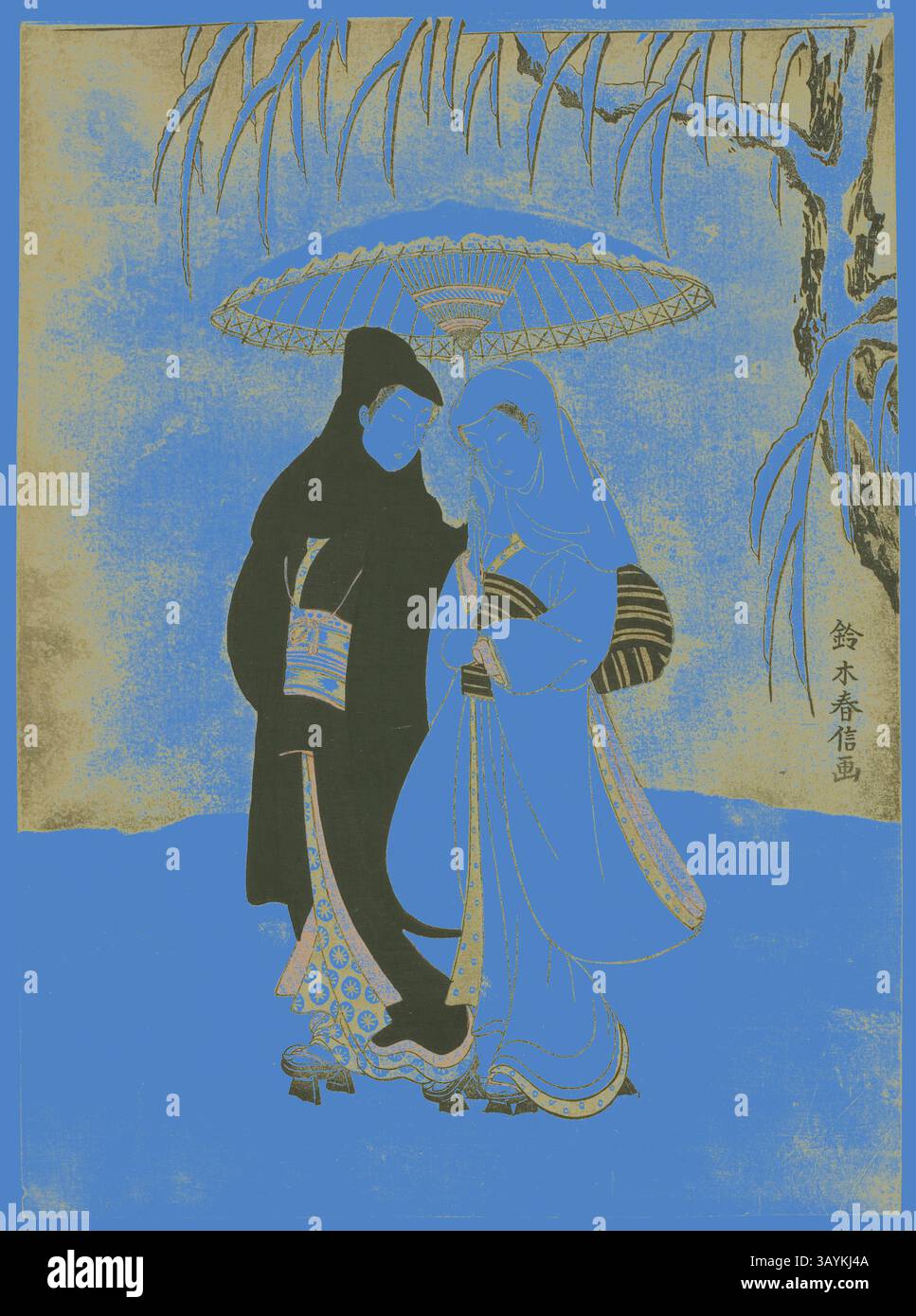 Une scène sereine représente un couple en tenue traditionnelle, partageant un moment intime sous un délicat parasol, entouré de motifs subtils de la nature. Les personnages, ornés de tenues ornées, transmettent l'élégance et le patrimoine culturel, tandis que le fond renforce l'atmosphère tranquille. Lovers Under an Umbrella in the Snow, c. 1767, Suzuki Harunobu 鈴木 春信, Japonais, 1725 ( ?)-1770, Japon, impression sur bois couleur, chuban, 27,2 x 20,2 cm Art classique avec une touche moderne réinventée par Artotop Banque D'Images