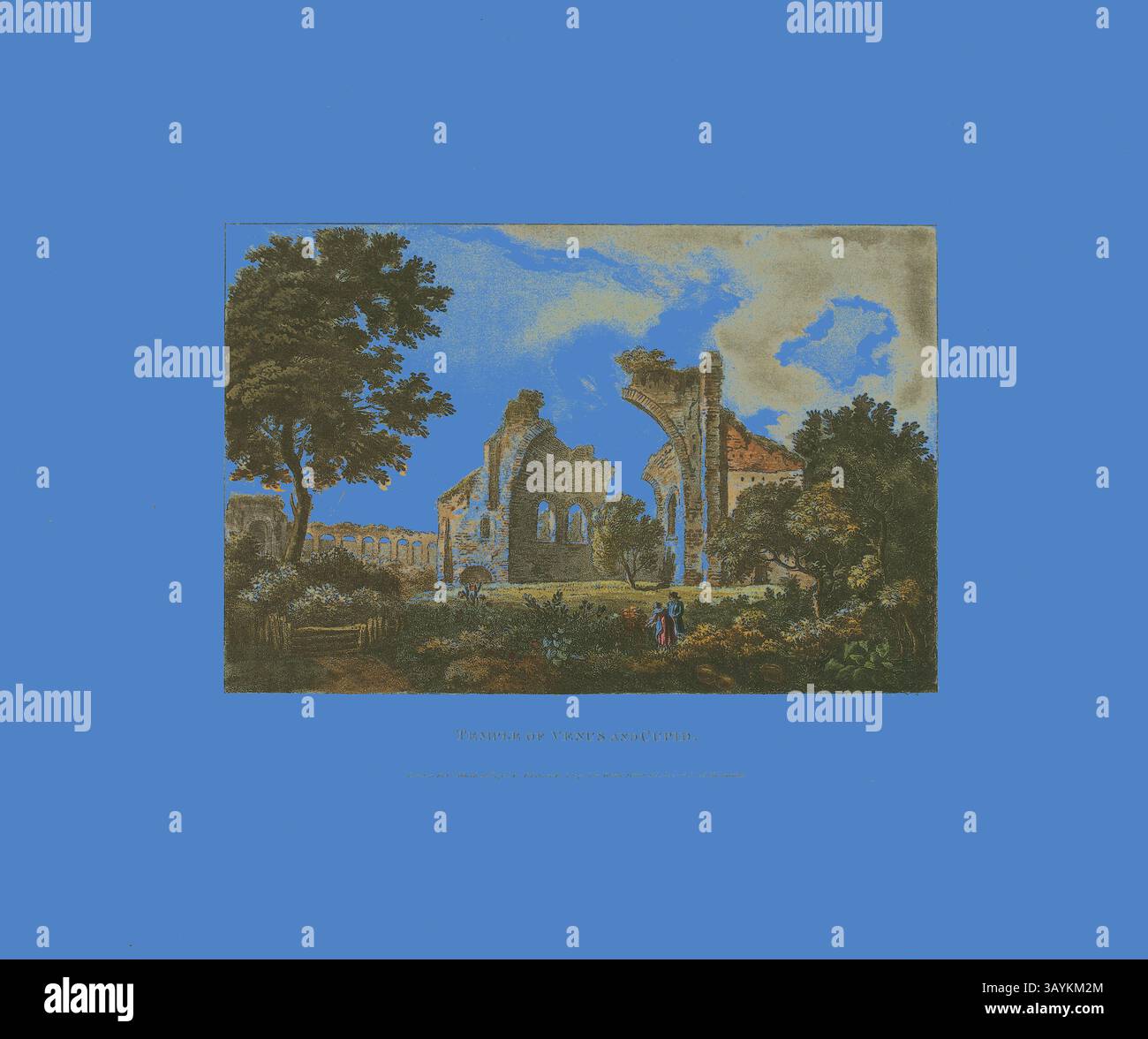Une scène pittoresque avec les ruines d'une ancienne structure, entourée de verdure luxuriante et de grands arbres, avec un couple se promenant dans le paysage. Le ciel au-dessus présente un mélange de nuages et de lumière, ajoutant à l'atmosphère sereine du cadre. Temple de Vénus et Cupidon, planche douze des ruines de Rome, publié le 23 mars 1798, M. Dubourg, (anglais, active 1786-1838), édité par J. Merigot (Italien, inconnu), Angleterre, aquatinte colorée à la main sur papier, 330 × 448 mm (feuille) Art classique avec une touche moderne réinventée par Artotop Banque D'Images