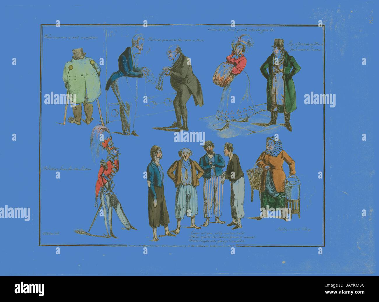 Une collection d'illustrations fantaisistes mettant en vedette divers personnages dans des tenues distinctives, y compris des messieurs élégants, un bouffon ludique et des figures traditionnelles, le tout sur un fond bleu vif. Plaque des illustrations aux chansons populaires, 1822, Henry Alken (anglais, 1785-1851), publié par Thomas McLean (anglais, actif 1790-1860), Angleterre, gravure au sol doux avec coloration manuelle et aquatinte sur papier, 200 × 258 mm (image), 215 × 270 mm (plaque), 245 × 340 mm (feuille) Art classique avec une touche moderne réinventé par Artotop Banque D'Images