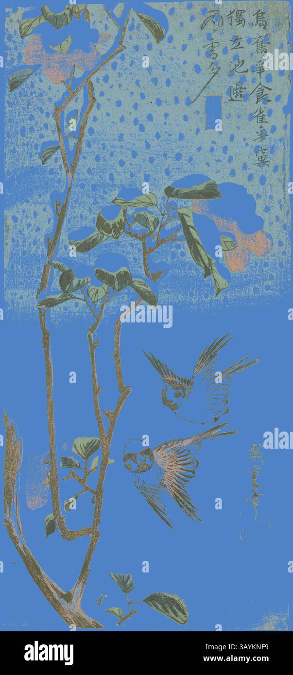 Une branche ornée d'un feuillage vibrant soutient une paire d'oiseaux ludiques en vol, tandis que le brossage complexe capture l'essence de la beauté de la nature sur un fond bleu saisissant. La scène transmet un sentiment d'harmonie et de tranquillité, imprégné d'élégance artistique. Moineaux et camélias dans la neige, v. 1831/33, Utagawa Hiroshige 歌川 広重, japonais, 1797–1858, Japon, impression sur bois couleur, o-tanzaku, 38 x 17,3 cm Art classique avec une touche moderne réinventée par Artotop Banque D'Images Une branche ornée d'un feuillage vibrant soutient une paire d'oiseaux ludiques en vol, tandis que le brossage complexe capture l'essence de la beauté de la nature sur un fond bleu saisissant. La scène transmet un sentiment d'harmonie et de tranquillité, imprégné d'élégance artistique. Moineaux et camélias dans la neige, v. 1831/33, Utagawa Hiroshige 歌川 広重, japonais, 1797–1858, Japon, impression sur bois couleur, o-tanzaku, 38 x 17,3 cm Art classique avec une touche moderne réinventée par Artotop Banque D'Images