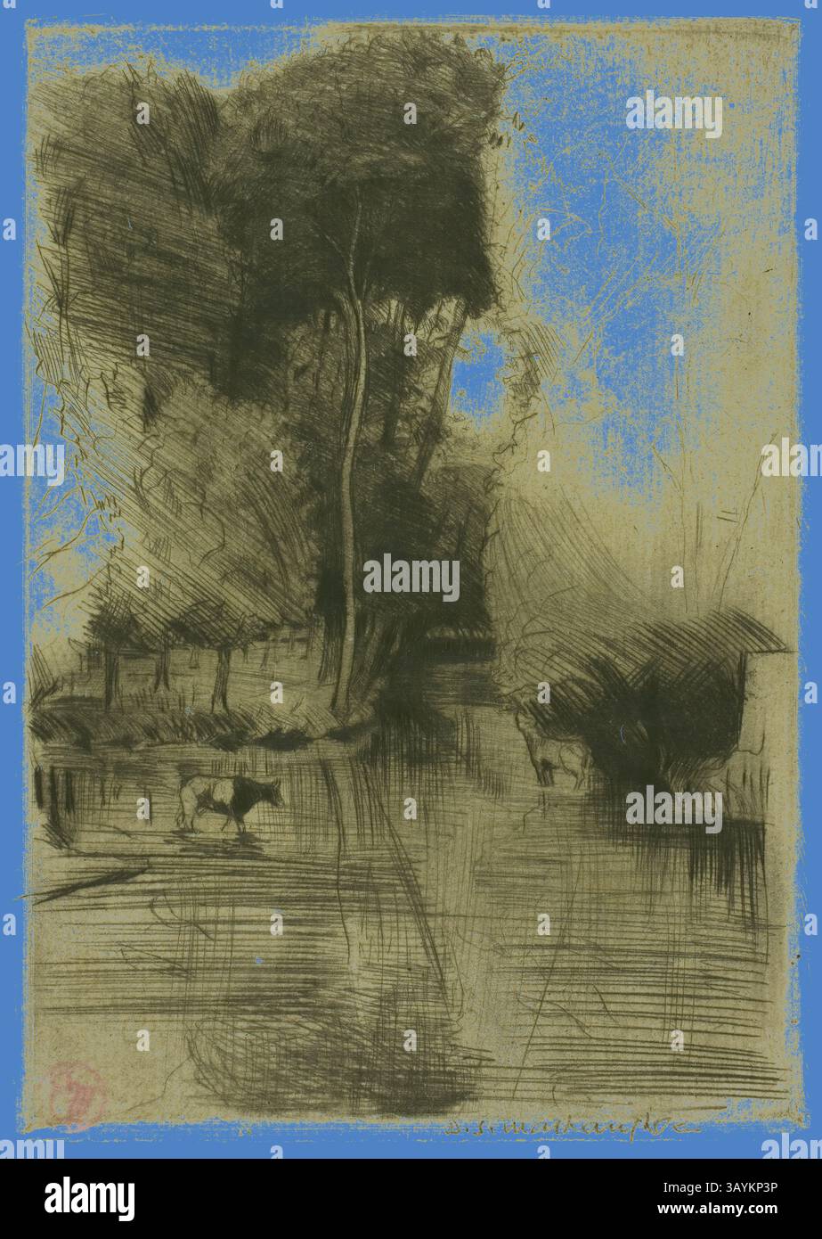 Un paysage serein mettant en valeur de grands arbres reflétant dans un plan d'eau tranquille, avec des traits doux et texturés qui évoquent un sentiment de calme et de beauté naturelle. Mill Stream, 1899 ans, Donald Shaw MacLaughlan, américain, né au Canada, 1876-1938, États-Unis, Drypoint en noir sur papier crème, 135 x 95 mm (image/plaque), 140 x 99 mm (feuille) Art classique avec une touche moderne réinventé par Artotop Banque D'Images