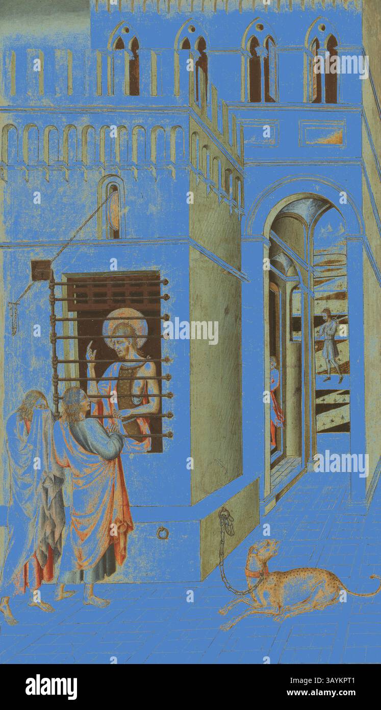 Une scène représentant un moment historique où un saint ou une figure vénérée parle à travers une fenêtre barrée à deux personnages à l'extérieur, dans un contexte architectural avec des détails complexes. Un chien se trouve à proximité, ajoutant un élément de la vie quotidienne à la rencontre spirituelle. Saint Jean Baptiste en prison visité par deux disciples, 1455/60, Giovanni di Paolo, Italien, 1398-1482, Italie, Tempera sur panneau, 68,3 × 40 cm (26 7/8 × 15 3/4 po), surface peinte : 66,3 × 37,8 cm (26 1/16 × 14 7/8 po) Art classique avec une touche moderne réinventé par Artotop Banque D'Images Une scène représentant un moment historique où un saint ou une figure vénérée parle à travers une fenêtre barrée à deux personnages à l'extérieur, dans un contexte architectural avec des détails complexes. Un chien se trouve à proximité, ajoutant un élément de la vie quotidienne à la rencontre spirituelle. Saint Jean Baptiste en prison visité par deux disciples, 1455/60, Giovanni di Paolo, Italien, 1398-1482, Italie, Tempera sur panneau, 68,3 × 40 cm (26 7/8 × 15 3/4 po), surface peinte : 66,3 × 37,8 cm (26 1/16 × 14 7/8 po) Art classique avec une touche moderne réinventé par Artotop Banque D'Images
