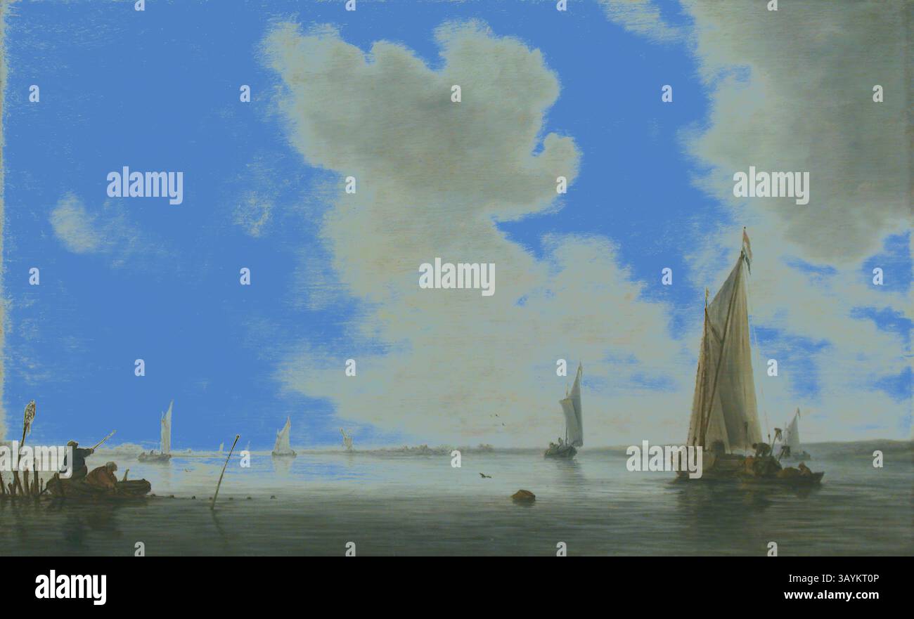 Un paysage aquatique serein comprend plusieurs bateaux naviguant sur un plan d'eau calme, tandis que des nuages moelleux dérivent à travers un ciel lumineux. Au premier plan, un personnage se livre à une activité sur le rivage, ajoutant un sentiment de vie à la scène tranquille. Bateaux de pêche au large d'un estuaire, 1633, Jan van Goyen, Néerlandais, 1596-1656, pays-Bas, huile sur panneau, 36 × 57,8 cm (14 1/8 × 22 3/4 in.) Art classique avec une touche moderne réinventé par Artotop Banque D'Images