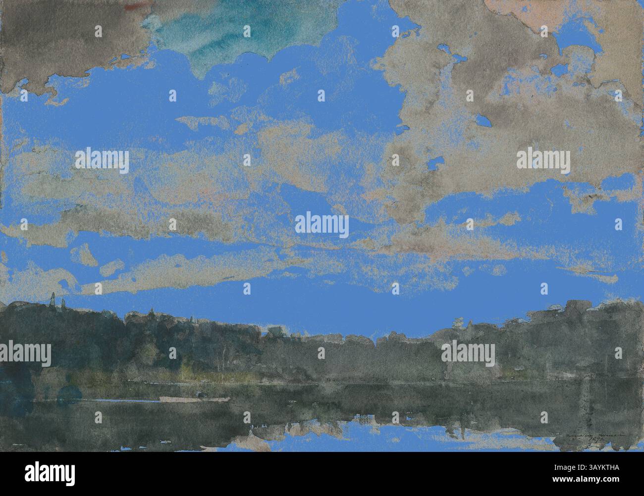 Un paysage serein avec un plan d'eau calme reflétant un ciel spectaculaire rempli de nuages, contrastant avec un premier plan tranquille d'arbres et de collines lointaines. The Lone Boat, North Woods Club, Adirondacks, 1892, Winslow Homer, américain, 1836-1910, États-Unis, aquarelle, avec remouillage, blotting, et grattage, sur traces de graphite, sur papier tissé ivoire épais, texturé rugueux, 385 x 544 mm Art classique avec une touche moderne réinventée par Artotop Banque D'Images