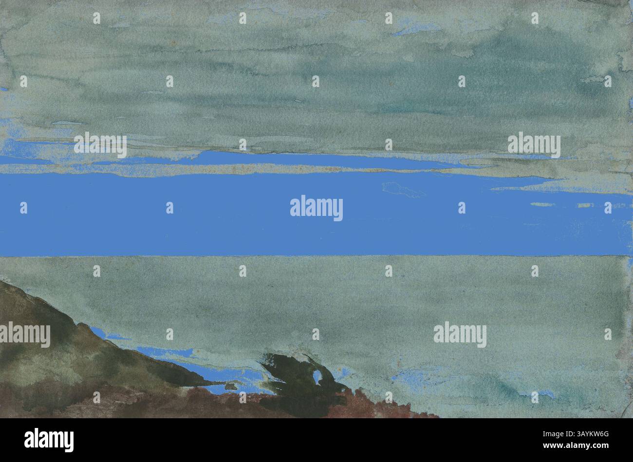 Un paysage marin serein se caractérise par une étendue d'eau calme et un ciel nuageux, avec des tons doux et discrets améliorant l'atmosphère tranquille. L’horizon est marqué par une bande bleue saisissante qui contraste avec les teintes environnantes, invitant à la contemplation et à la réflexion. Prout’s Neck, soirée, c. 1894, Winslow Homer, américain, 1836-1910, États-Unis, aquarelle, avec remouillage et blotting, sur des traces de graphite, sur papier tissé ivoire épais, rugueux (bord supérieur coupé), 359 x 536 mm Art classique avec une touche moderne réinventée par Artotop Banque D'Images