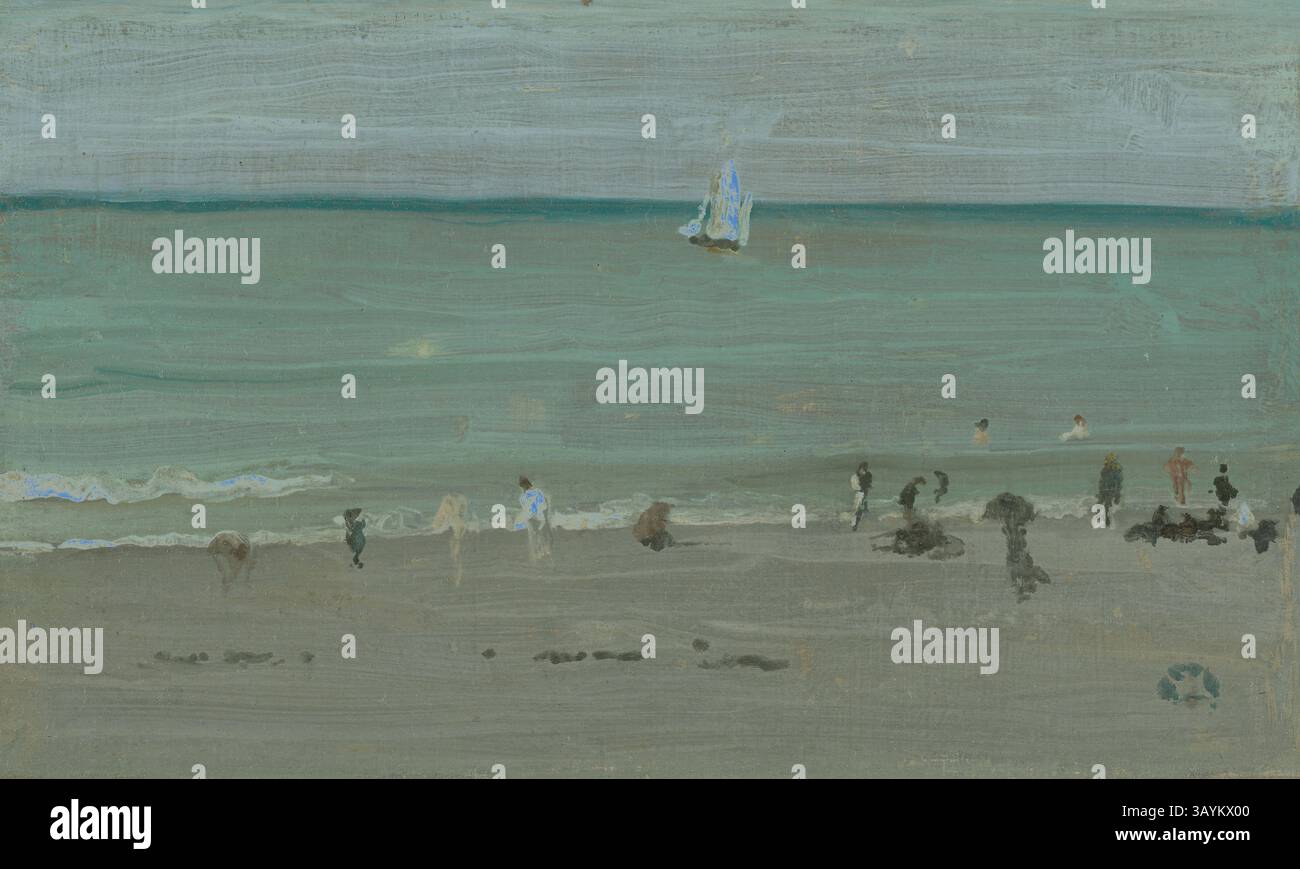 Une scène de plage sereine représente de douces vagues qui se baladent sur le rivage, où quelques personnages se promènent le long du sable. Au loin, un petit voilier glisse sur l'eau calme sous un ciel couvert, créant une atmosphère tranquille. Scène côtière, baigneurs, 1884/85, James McNeill Whistler, américain, 1834–1903, États-Unis, huile sur panneau, 13,8 × 22,1 cm (5 7/16 × 8 11/16 in.) Art classique avec une touche moderne réinventé par Artotop Banque D'Images