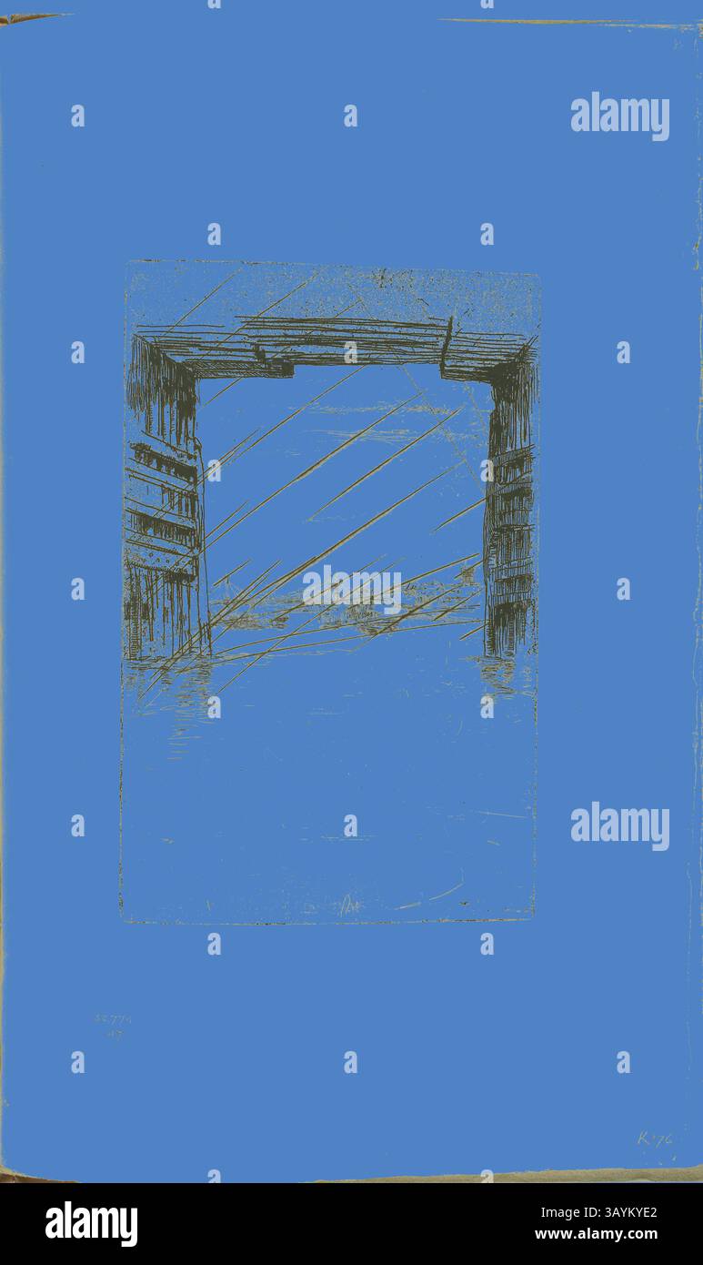 Un quai s'étend dans un plan d'eau calme, encadré par une structure rustique en bois, tandis que des lignes délicates suggèrent le mouvement de l'eau et créent une profondeur atmosphérique. La scène globale transmet un sentiment de tranquillité et de nostalgie. Under Old Battersea Bridge, 1876/78, James McNeill Whistler, américain, 1834-1903, États-Unis, gravure, point sec et morsure ouverte, avec faute morsure, avec annulation de point sec, à l'encre noire sur papier ivoire, 214 x 138 mm (plaque), 379 x 240 mm (feuille, vue, relié) Art classique avec une touche moderne réinventée par Artotop Banque D'Images