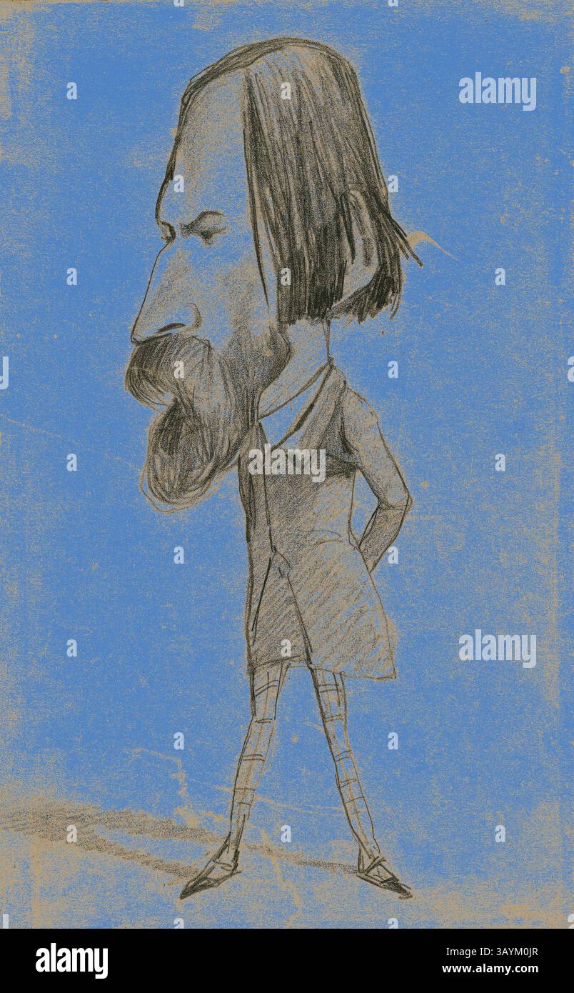 Une caricature fantaisiste d'un gentleman avec un nez allongé et une barbe proéminente, vêtu d'une tenue victorienne, se tient en confiance, les mains sur les hanches sur un fond bleu vif. Caricature d'Auguste Vacquerie, c. 1859, Claude Monet (1840-1926), d'après Nadar (français, 1820–1910), France, graphite avec effacement sur papier tissé tan, 284 × 176 mm Art classique avec une touche moderne réinventée par Artotop Banque D'Images