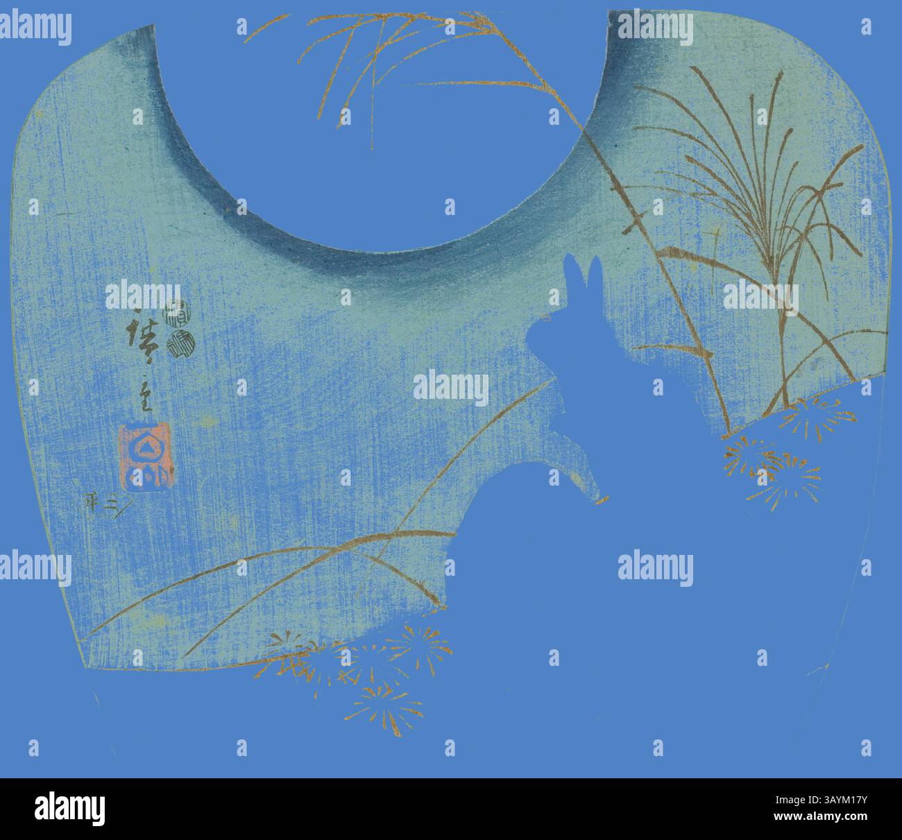 Une scène sereine avec une silhouette de lapin sur un fond bleu vif, ornée de délicates herbes et d'éléments de calligraphie artistique, évoquant un sentiment de tranquillité et de nature. Lapins au clair de lune, c. 1849/52, Utagawa Hiroshige 歌川 広重, japonais, 1797-1858, Japon, impression couleur sur bois, uchiwa-e, 22,5 x 26 cm (8 5/8 x 10 1/4 po) Art classique avec une touche moderne réinventé par Artotop Banque D'Images