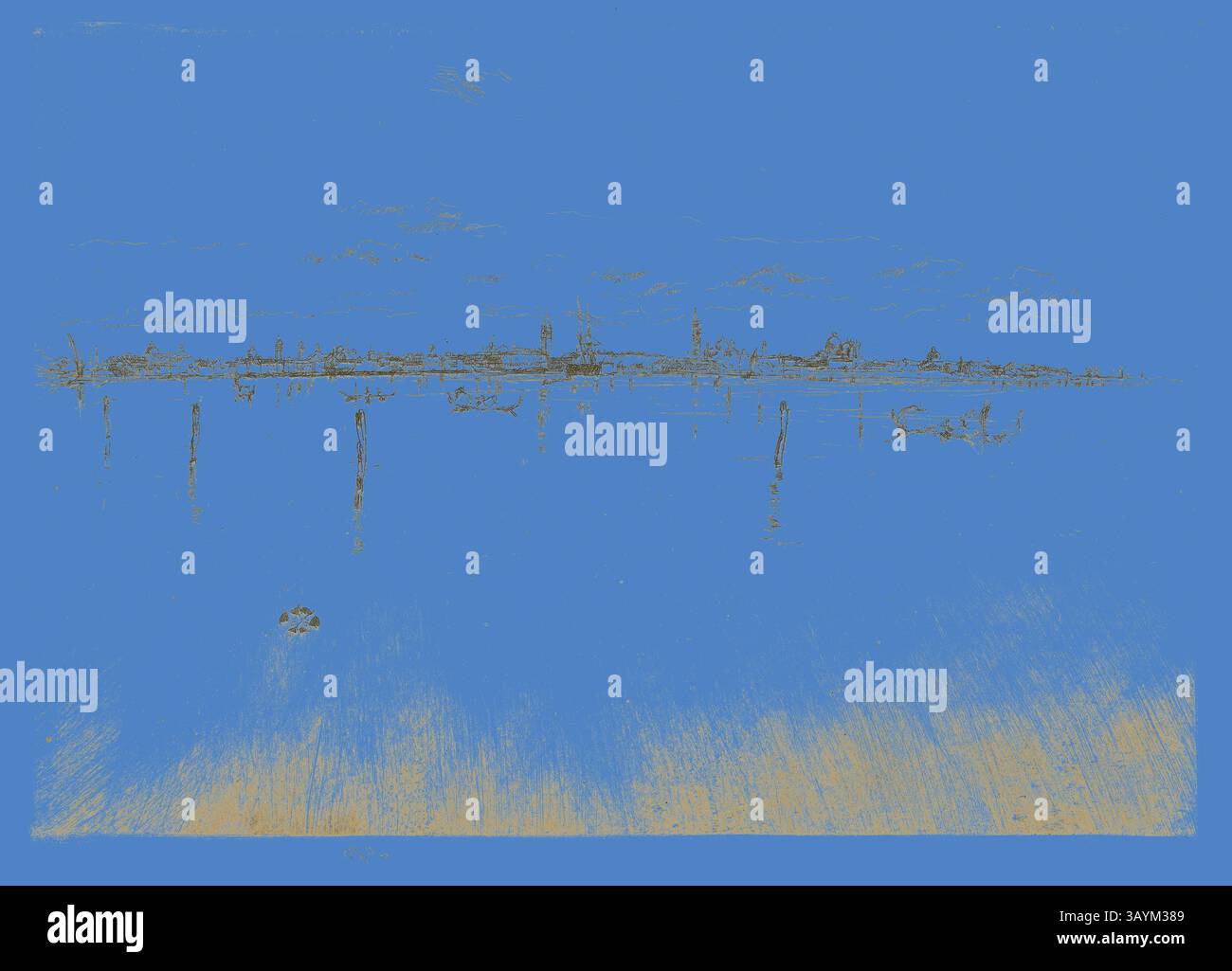 Un paysage serein avec une surface d'eau calme reflétant un horizon lointain, où les contours doux d'arbres et de structures se dressent contre un ciel éclatant. Les transitions douces de couleur créent une atmosphère onirique, améliorant la tranquillité de la scène. La petite Venise, 1880, James McNeill Whistler, américain, 1834-1903, États-Unis, gravure à l'encre noire sur papier blanc cassé, 186 x 267 mm (plaque), 190 x 267 mm (feuille) Art classique avec une touche moderne réinventée par Artotop Banque D'Images