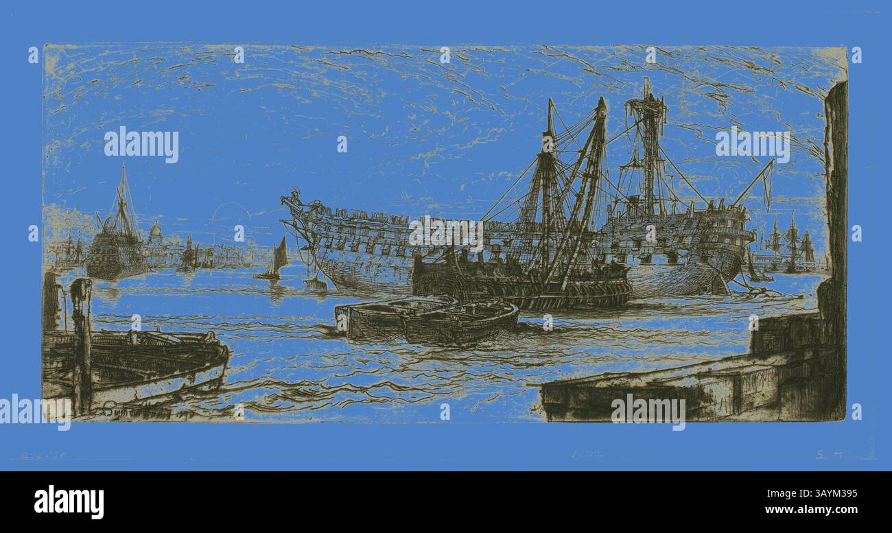 Une représentation détaillée d'un navire historique amarré sur un front de mer animé, entouré de bateaux plus petits et d'un ensemble de structures en arrière-plan, évoquant un sens de l'histoire et de l'activité maritimes. La scène est rehaussée par des contrastes de couleurs audacieux, soulignant la présence majestueuse du navire. Rupture de l'Agamemnon, no 1, 1870, Francis Seymour Haden, anglais, 1818-1910, Angleterre, gravure sur papier tissé crème, 195 × 415 mm (image/plaque), 231 × 448 mm (feuille) Art classique avec une touche moderne réinventé par Artotop Banque D'Images
