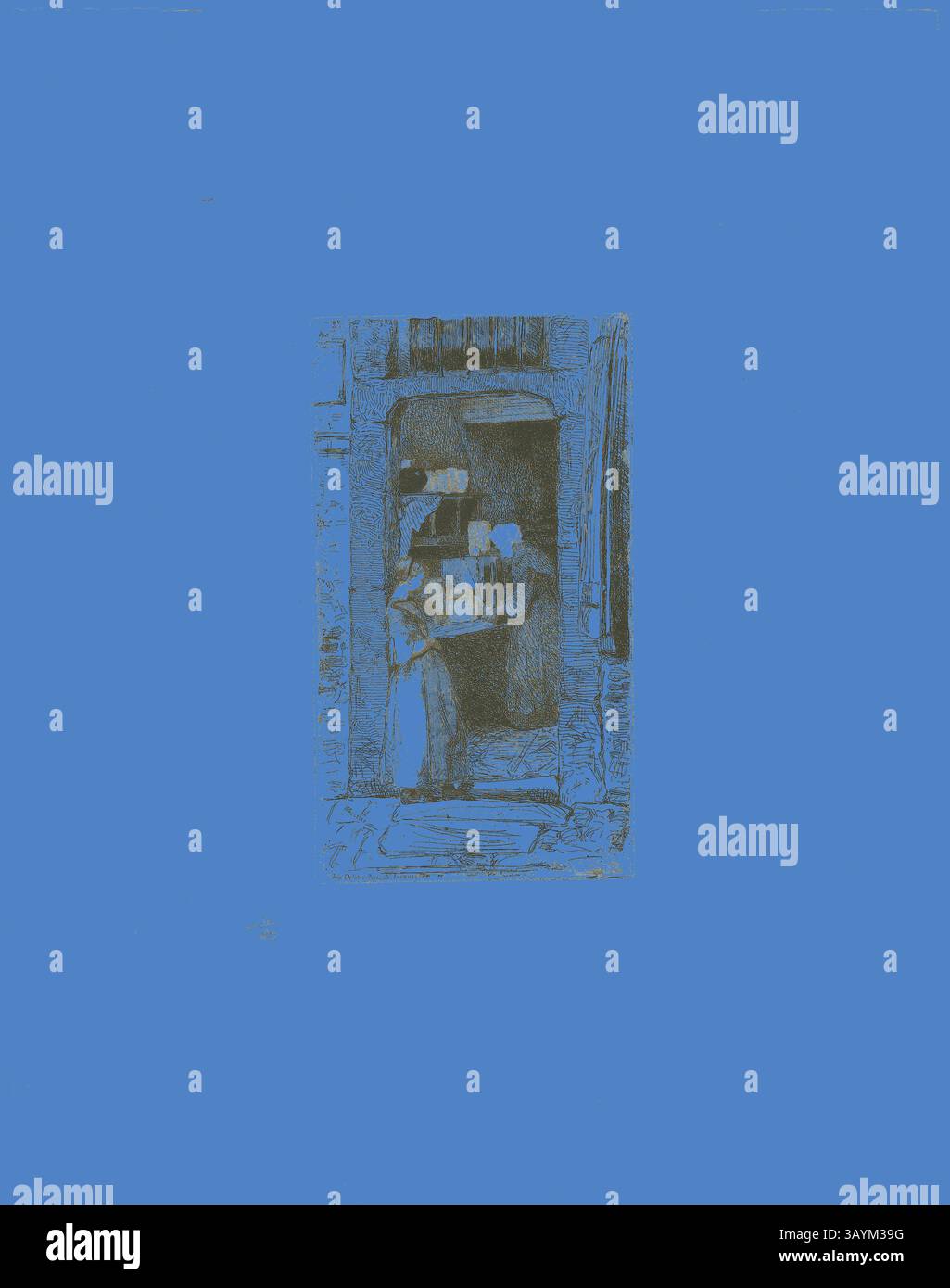 Une devanture pittoresque dispose d'une figure admirant les étagères garnies de divers articles, encadrées par une entrée accueillante qui fait allusion à une atmosphère confortable et nostalgique. La marchande de moutarde (le vendeur de moutarde), 1858, James McNeill Whistler, américain, 1834-1903, États-Unis, gravure avec faute morsure à l'encre noire sur papier de porcelaine blanc cassé posé sur papier tissé blanc cassé, Chine collé, 157 x 89 mm (plaque), 328 x 257 mm (feuille) Art classique avec une touche moderne réinventée par Artotop Banque D'Images