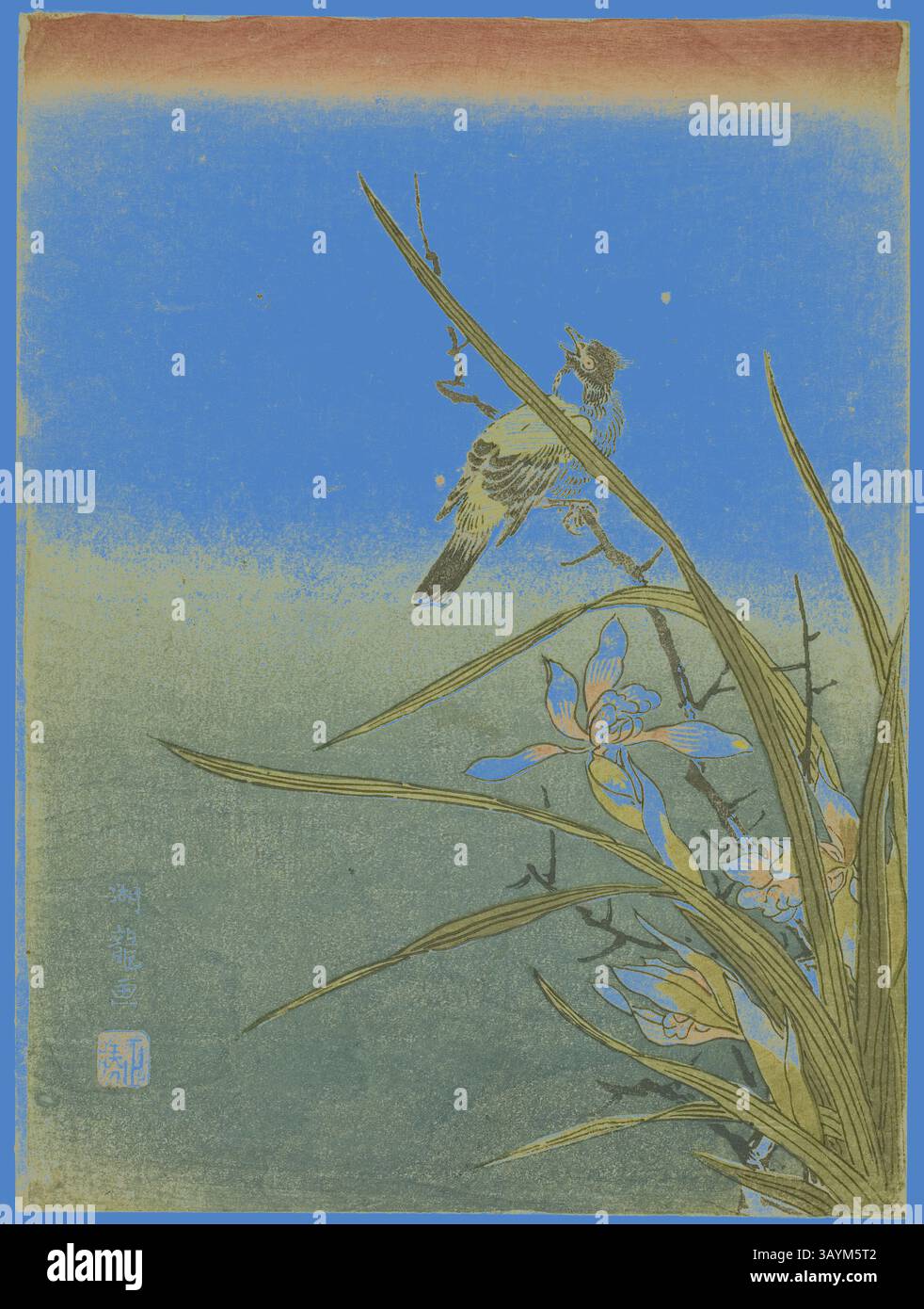 Une scène délicate met en scène un oiseau perché au sommet d'une branche élancée, entouré d'un feuillage vert luxuriant et de fleurs bleues fleuries, le tout dans un ciel bleu éclatant. Le cadre paisible capture un moment de beauté et d'harmonie de la nature. Orchidée et oiseau, c. 1770, Isoda Koryusai, japonais, 1735-1790, Japon, impression sur bois couleur, chuban, 10 x 7 1/2 po. Art classique avec une touche moderne réinventé par Artotop Banque D'Images