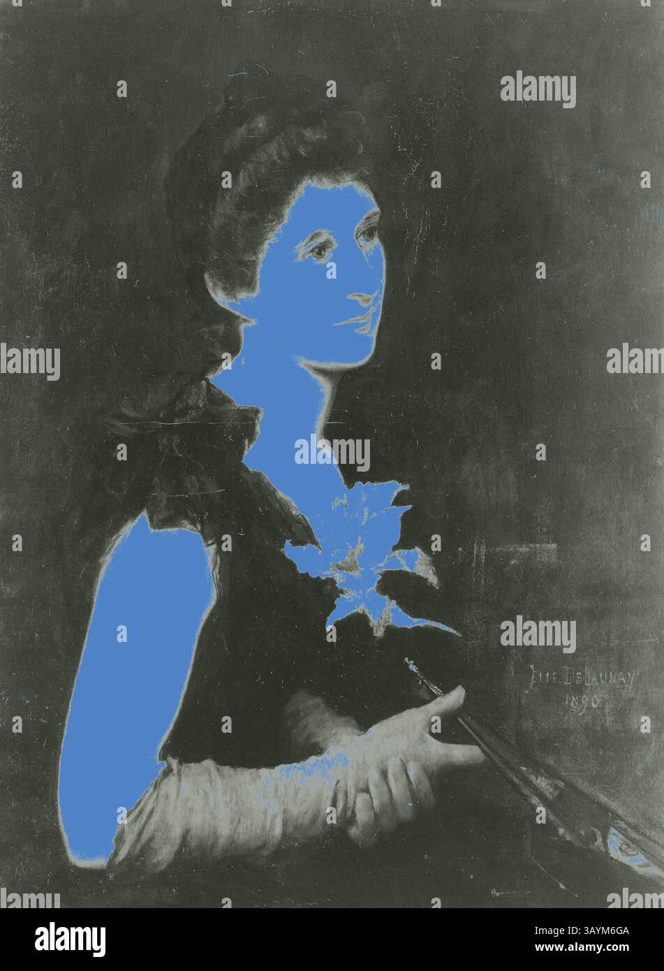 Une jeune femme à l'expression élégante tient une pince, sa tenue vestimentaire évoquant un contexte historique. L'œuvre présente un contraste intrigant, avec le côté gauche présentant des détails subtils tandis que le côté droit est transformé en une teinte bleue audacieuse, ajoutant une touche moderne à la représentation classique. Portrait de MRS Charles L. Hutchinson, 1890, Jules-Élie Delaunay, français, 1828-1891, France, huile sur toile, 78,9 × 60 cm (31 1/16 × 23 5/8 po.) Art classique avec une touche moderne réinventé par Artotop Banque D'Images