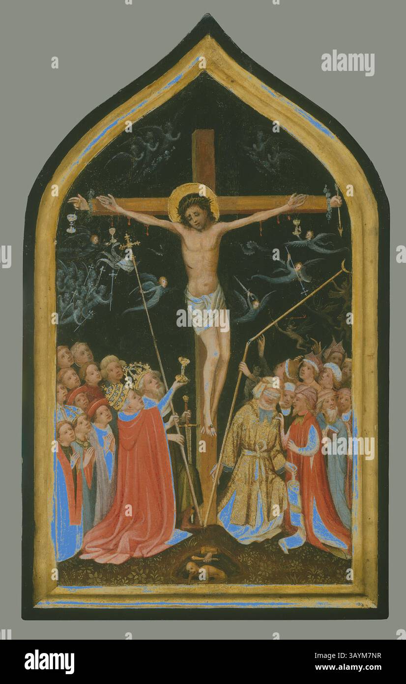 Une représentation de la crucifixion du Christ, entourée par un groupe de figures solennelles comprenant des anges et des saints, qui observent la scène avec respect. La figure centrale du Christ est élevée sur une croix, tandis que les vêtements vibrants des spectateurs contrastent avec le fond sombre, soulignant la gravité du moment. Christ sur la Croix vivante, 1420/30, disciple du Maître de Sainte Véronique, allemand, actif Cologne c. 1395–c. 1420, Cologne, huile sur panneau, 48,2 × 28,7 cm (19 1/8 × 11 3/8 in.), surface peinte : 40,7 × 23,3 cm (16 × 9 3/16 in.) Art classique avec une touche moderne réinventé par Banque D'Images