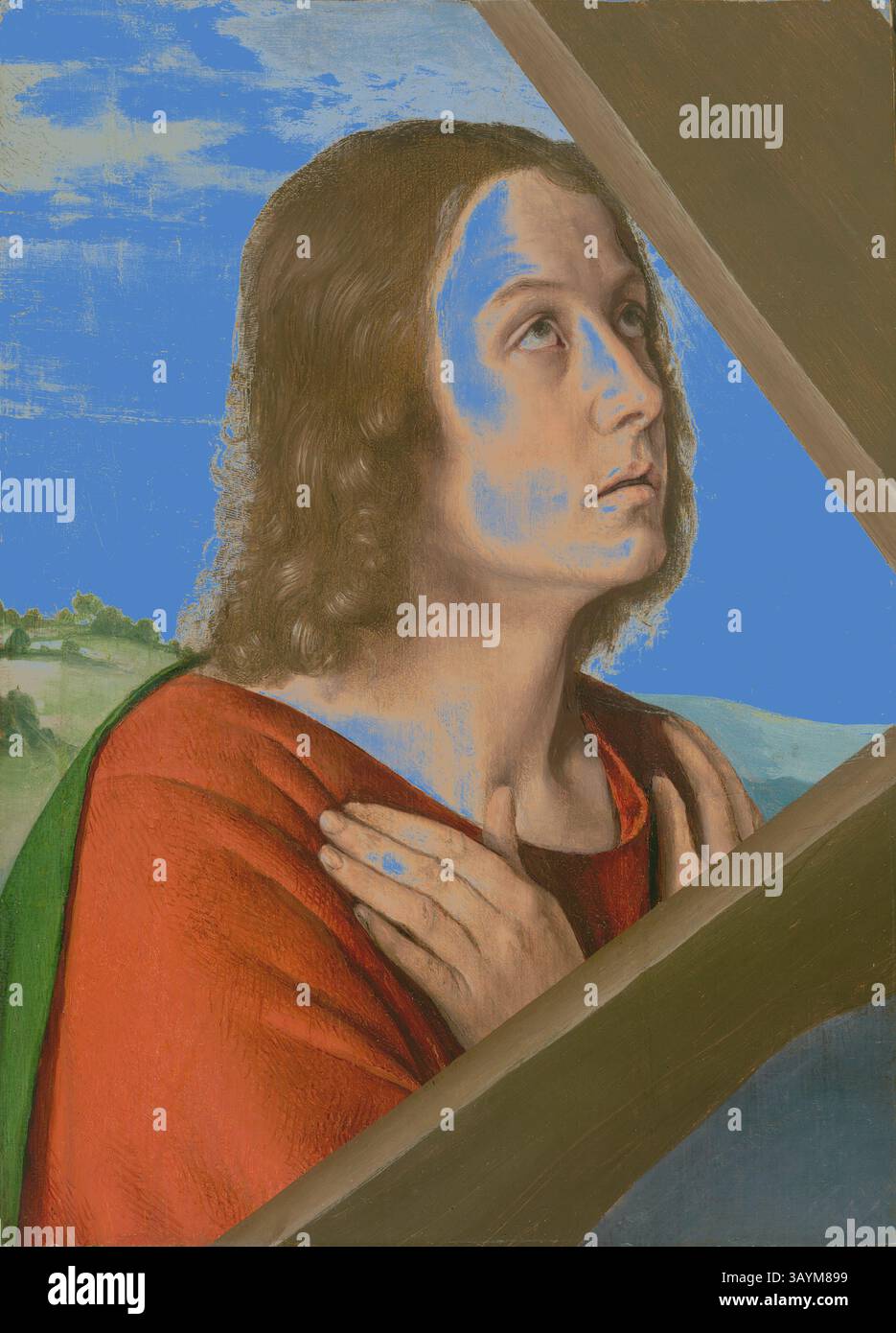 Un personnage vêtu de robes vibrantes regarde vers le haut, les mains serrées dans un geste de vénération. L’expression sereine transmet une contemplation profonde, encadrée par un ciel clair et un paysage lointain, renforçant le sens de la spiritualité et de la réflexion. Fragment du Christ portant la croix : Saint Jean l'évangéliste, 1500/05, Jean Hey, connu sous le nom de Maître de Moulins, Lyon actif et Moulins, c. 1475-c. 1505, Provence, huile sur panneau, 10 3/4 × 7 7/8 in. (27,3 × 20 cm), image : 10 1/4 × 7 7/16 po. (26 × 18,8 cm) Art classique avec une touche moderne réinventée par Artotop Banque D'Images