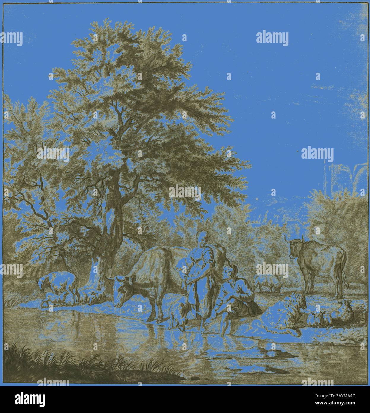 Une scène de campagne sereine représente un groupe de personnes et d'animaux près d'un plan d'eau calme. Ils sont engagés dans des activités quotidiennes, entourés d'arbres luxuriants et de bétail de pâturage, créant un sentiment de tranquillité et d'harmonie avec la nature. Deux bergers avec des bovins, s.d., Jacob Cornelis Ploos van Amstel (néerlandais, 1726-1798), d'après Adriaen van de Velde (néerlandais, 1636-1672), Hollande, impression mixte sur papier, 257 x 247 mm Art classique avec une touche moderne réinventée par Artotop Banque D'Images