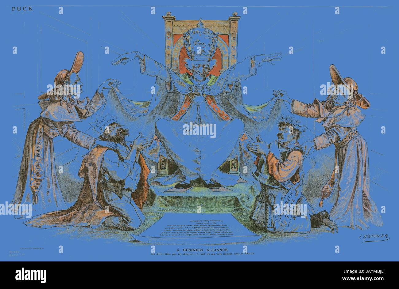 Une représentation fantaisiste mettant en scène une figure centrale assise sur un trône, ornée de robes élaborées et d'une couronne, tandis que quatre personnages plus petits s'agenouillent et offrent la servitude, chacun représentant différents aspects de la société. La scène met en lumière les thèmes de l'autorité et de l'allégeance, avec des expressions exagérées soulignant le drame du moment. A Business Alliance, 1887, Joseph Keppler, américain, 1838-1894, États-Unis, lithographie couleur sur papier journal, 312 x 480 mm Art classique avec une touche moderne réinventée par Artotop Banque D'Images