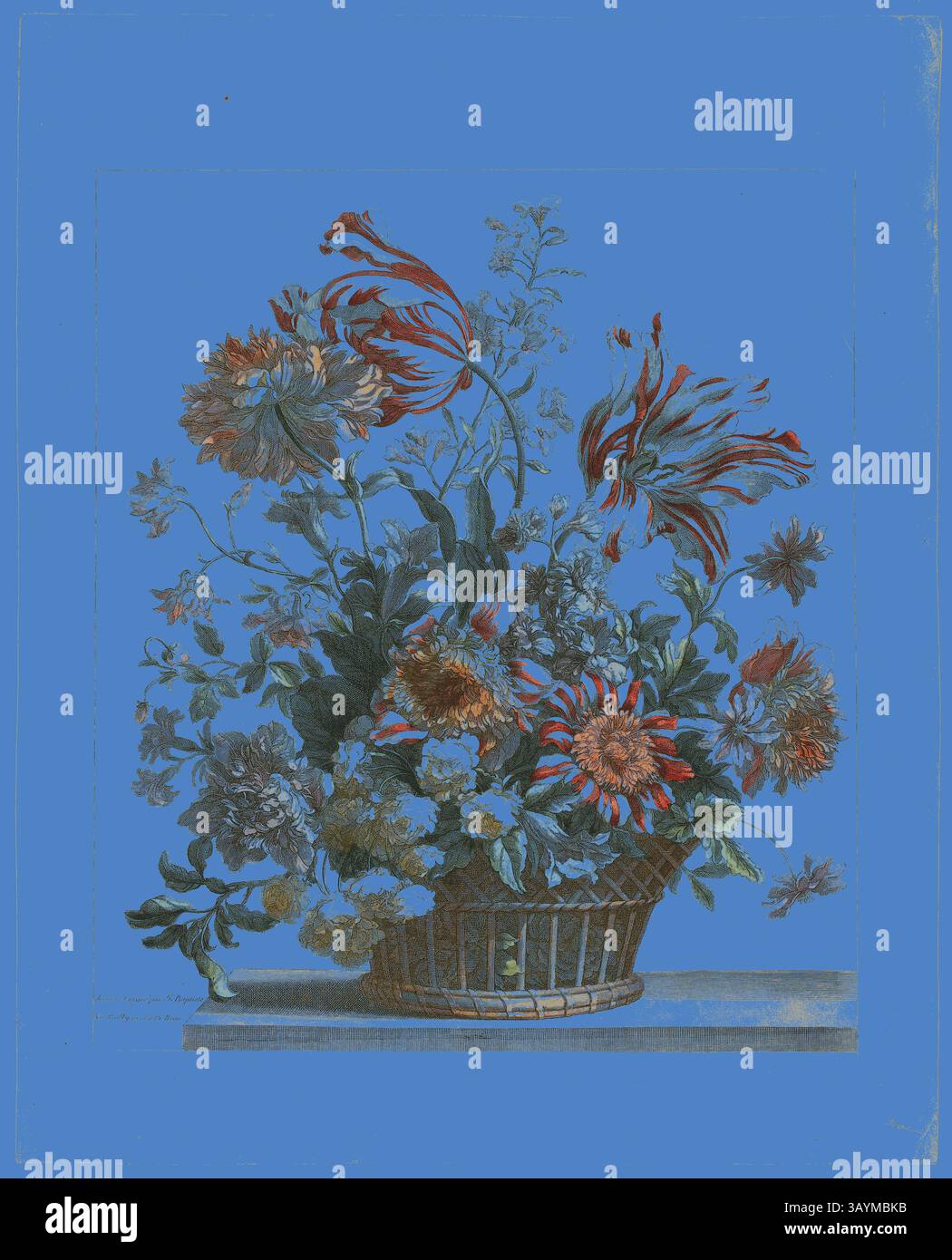 Un bouquet vibrant de diverses fleurs dans un panier tissé, présentant un éventail de couleurs et de détails complexes, reposant sur une surface simple. Corbeille, s.d., Jean Baptiste Monnoyer, français, 1636-1699, France, gravure colorée à la main sur papier Art classique avec une touche moderne réinventée par Artotop Banque D'Images