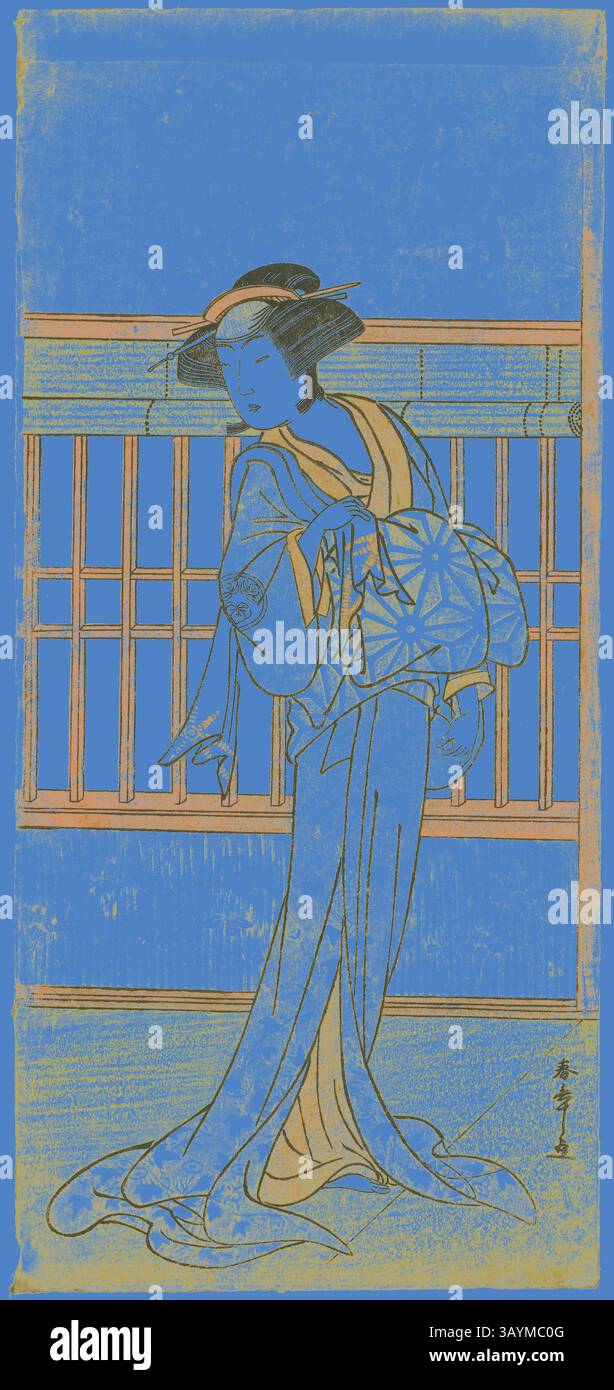 Un personnage gracieux habillé dans une tenue traditionnelle, avec des motifs complexes, se dresse sur un fond décoratif en bois. L'expression sereine et la posture élégante dégagent un sentiment de paix et de contemplation. Les teintes bleues vibrantes ajoutent un contraste saisissant, soulignant la beauté du vêtement et l'atmosphère sereine. L'acteur Osagawa Tsuneyo II dans le rôle de la courtisane Miyagino ( ?) Dans la pièce Go Taiheiki Shiraishi-banashi ( ?), joué au Théâtre Morita au quatrième mois, 1780 ( ?), c. 1780, Katsukawa Shunsho 勝川 春章, japonais, 1726-1792, Japon, impression couleur sur bois, hosoban, 33 x 15,2 cm ( Banque D'Images Un personnage gracieux habillé dans une tenue traditionnelle, avec des motifs complexes, se dresse sur un fond décoratif en bois. L'expression sereine et la posture élégante dégagent un sentiment de paix et de contemplation. Les teintes bleues vibrantes ajoutent un contraste saisissant, soulignant la beauté du vêtement et l'atmosphère sereine. L'acteur Osagawa Tsuneyo II dans le rôle de la courtisane Miyagino ( ?) Dans la pièce Go Taiheiki Shiraishi-banashi ( ?), joué au Théâtre Morita au quatrième mois, 1780 ( ?), c. 1780, Katsukawa Shunsho 勝川 春章, japonais, 1726-1792, Japon, impression couleur sur bois, hosoban, 33 x 15,2 cm ( Banque D'Images