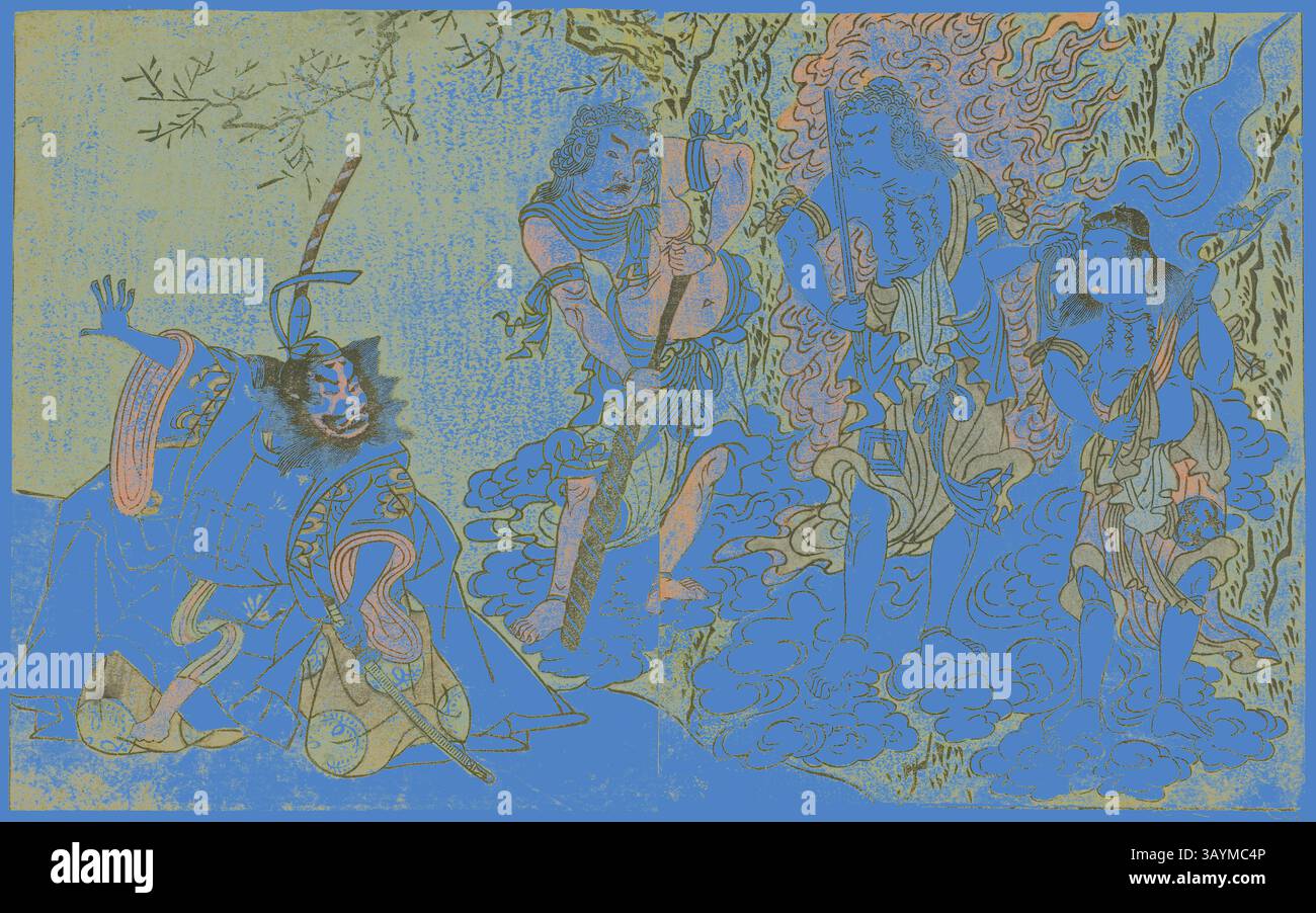 Une scène dynamique représentant des personnages mythiques aux couleurs éclatantes, mettant en valeur des expressions dramatiques et des détails complexes, sur fond de nuages tourbillonnants et d'arbres stylisés. Les personnages sont engagés dans ce qui semble être une confrontation tendue, avec un personnage brandissant une épée et un autre affichant un comportement féroce, encapsulant un moment d'action et d'intensité dans un récit fantastique. Les acteurs Sawamura Kijuro I dans le rôle d'Ikazuchi Shinno, Prince du tonnerre (à l'extrême gauche), Ichikawa Danjuro V dans le rôle de la Déité bouddhiste Fudo (deuxième à partir de la gauche), Nakamura Sukegoro II dans le rôle de Seitaka Doji (deuxième à partir de Banque D'Images