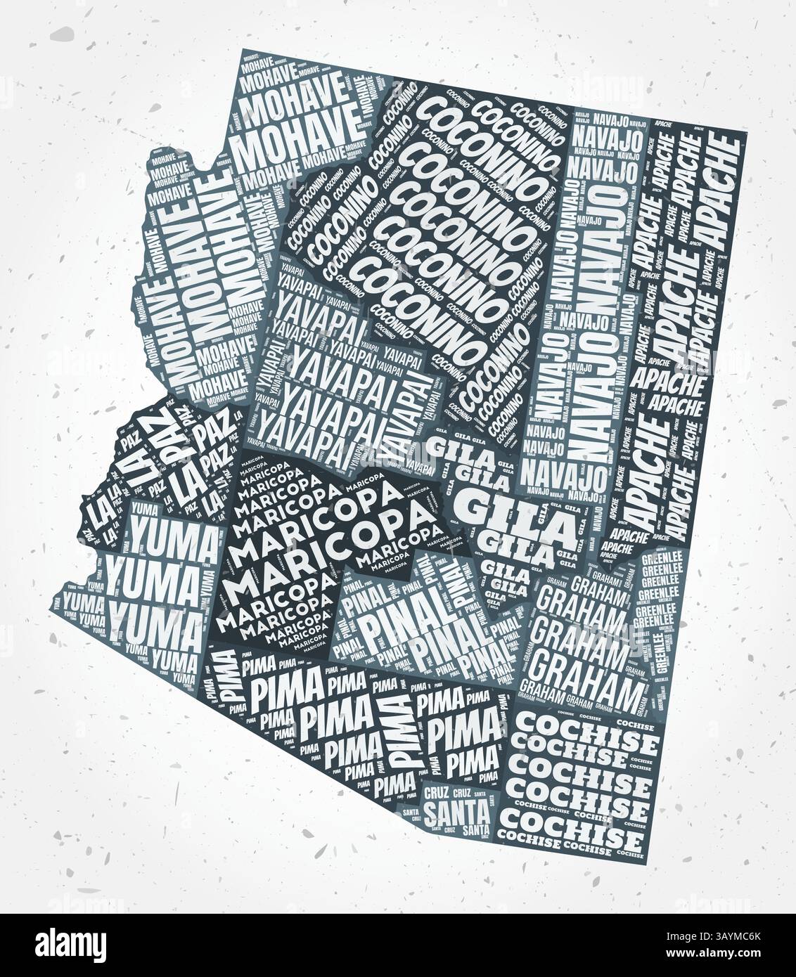 Nuages de mots des comtés de l'Arizona. Forme de l'état sur fond texturé. Design Arizona dans un style typographique. Illustration vectorielle artistique. Illustration de Vecteur