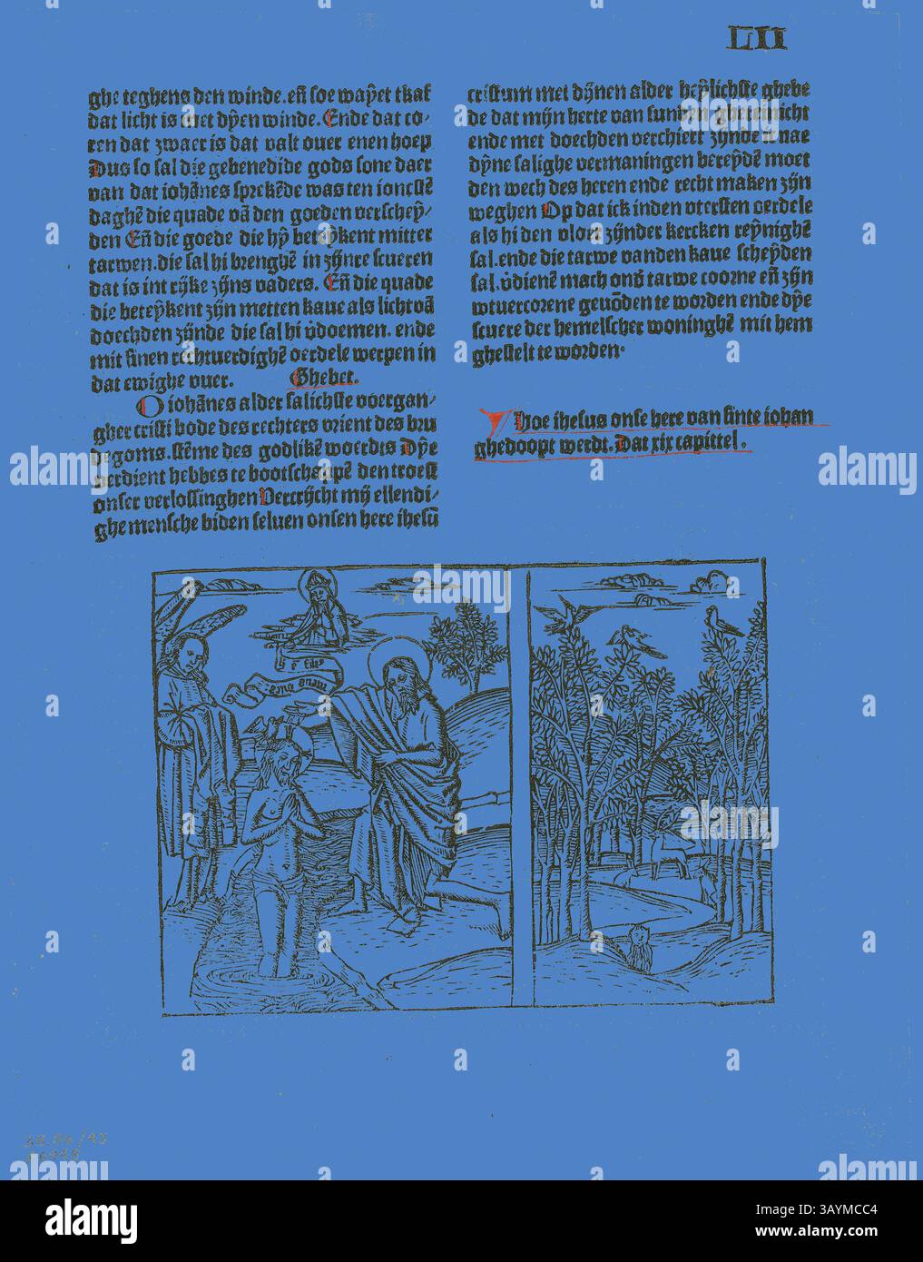Une illustration montre deux scènes distinctes : à gauche, une figure religieuse est représentée approchée par un groupe d'individus, tandis qu'à droite, un paysage naturel serein présente des arbres et un chemin sinueux. Le texte d'accompagnement, écrit dans une écriture ancienne, ajoute du contexte aux images, suggérant des thèmes d'orientation et de contemplation. Le baptême du Christ et la scène forestière de Leven Christi (la vie du Christ), planche 43 de gravures sur bois de livres du XVe siècle, 1495, portfolio assemblé en 1929, artiste inconnu (Gouda ou Anvers, fin du XVe siècle), imprimé et publié par Pieter van OS ( Banque D'Images