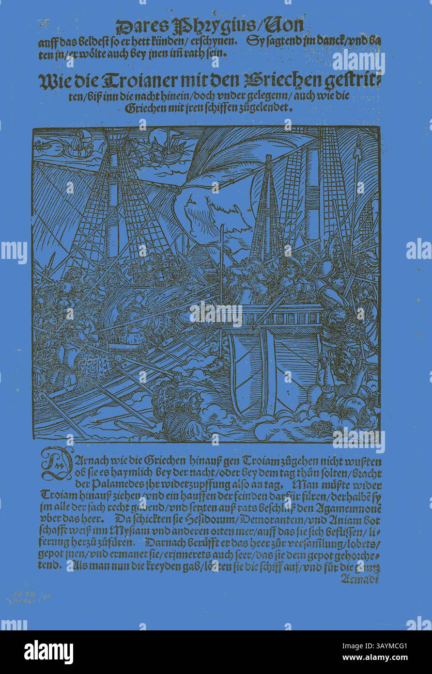 Une scène dramatique représentant des navires anciens et une bataille féroce en mer, entourée de vagues tumultueuses. Les marins sont engagés dans des conflits, montrant le chaos et l'intensité de la guerre maritime. Le texte d'accompagnement fait allusion à une histoire impliquant la guerre de Troie, mettant l'accent sur les thèmes de la stratégie et de l'héroïsme. Illustration de von dem Troianischen Krieg, planche 24 tirée de gravures sur bois tirées de livres du XVIe siècle, 1536, Assemblée en portfolio 1937, Hans Weiditz II (Maître de Pétrarque) (allemand, c.1495-1536), Assemblée par Max Geisberg (Suisse, 1875-1943), Allemagne, gravure sur bois, 141 × 156 mm (image), 253 × 157 Banque D'Images